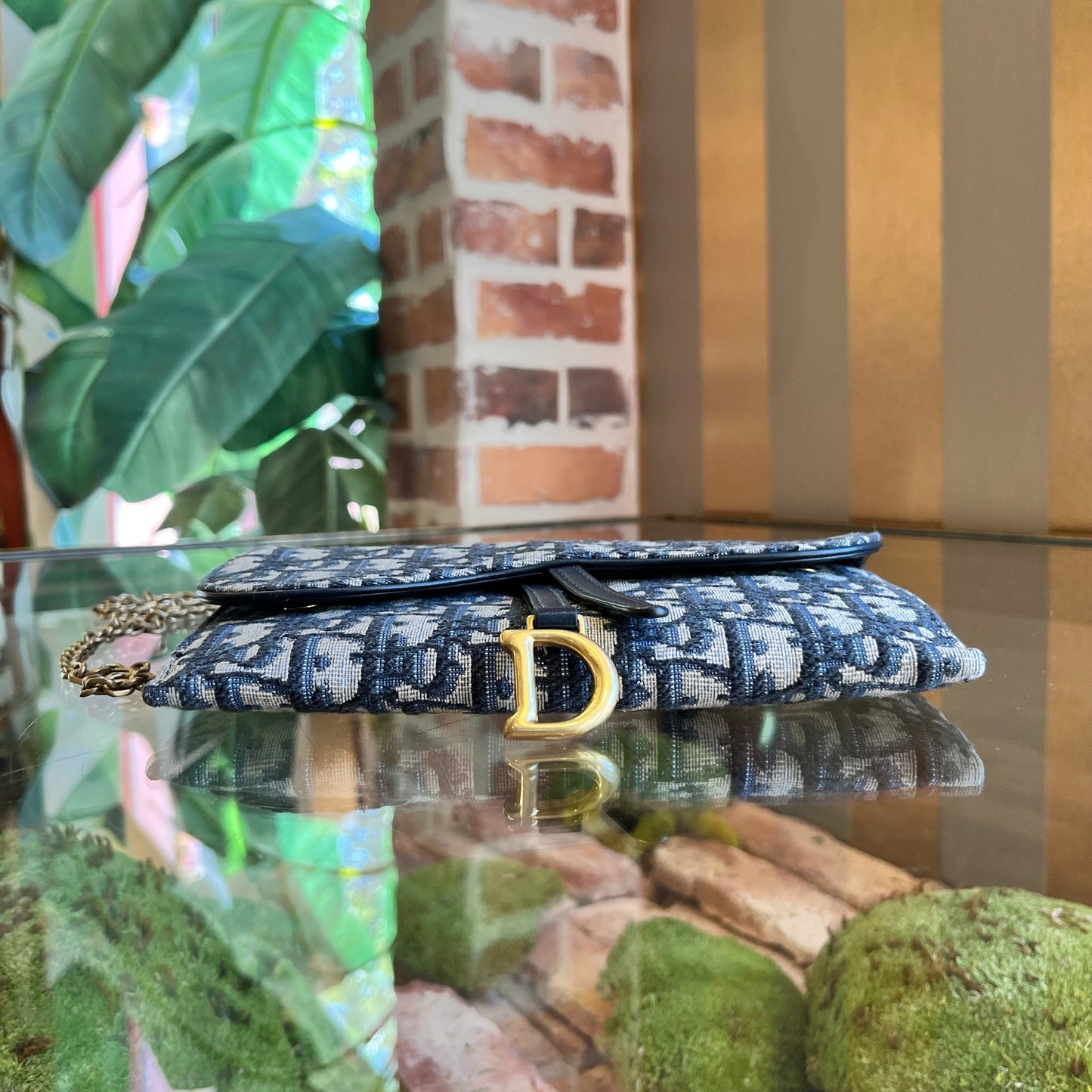 DIOR Saddle Pouch w/Chain Blue Dior Oblique Jacquard Crossbody Bag