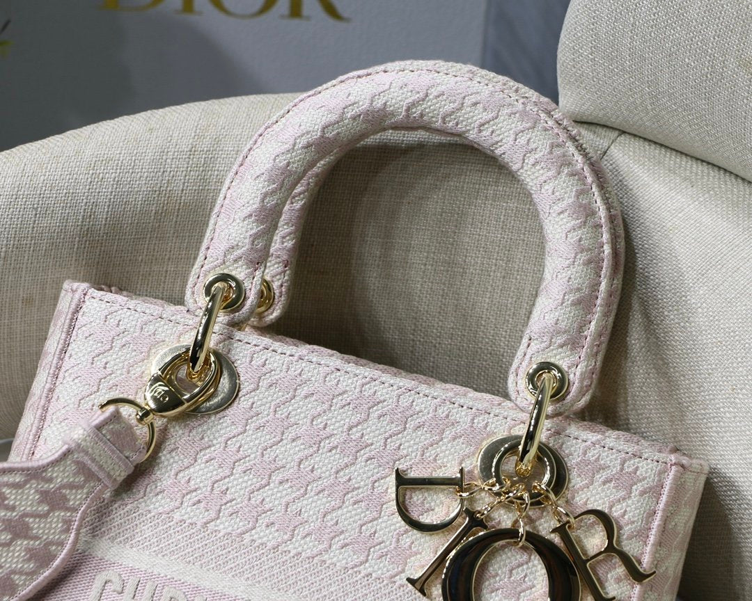 Top Quality MeTop Qualityum Lady D-Lite Bag Houndstooth Embroidery, Pink/White, For Women Womens Handbags, Shoulder Bags, Crossbody Bags, 24cm CD