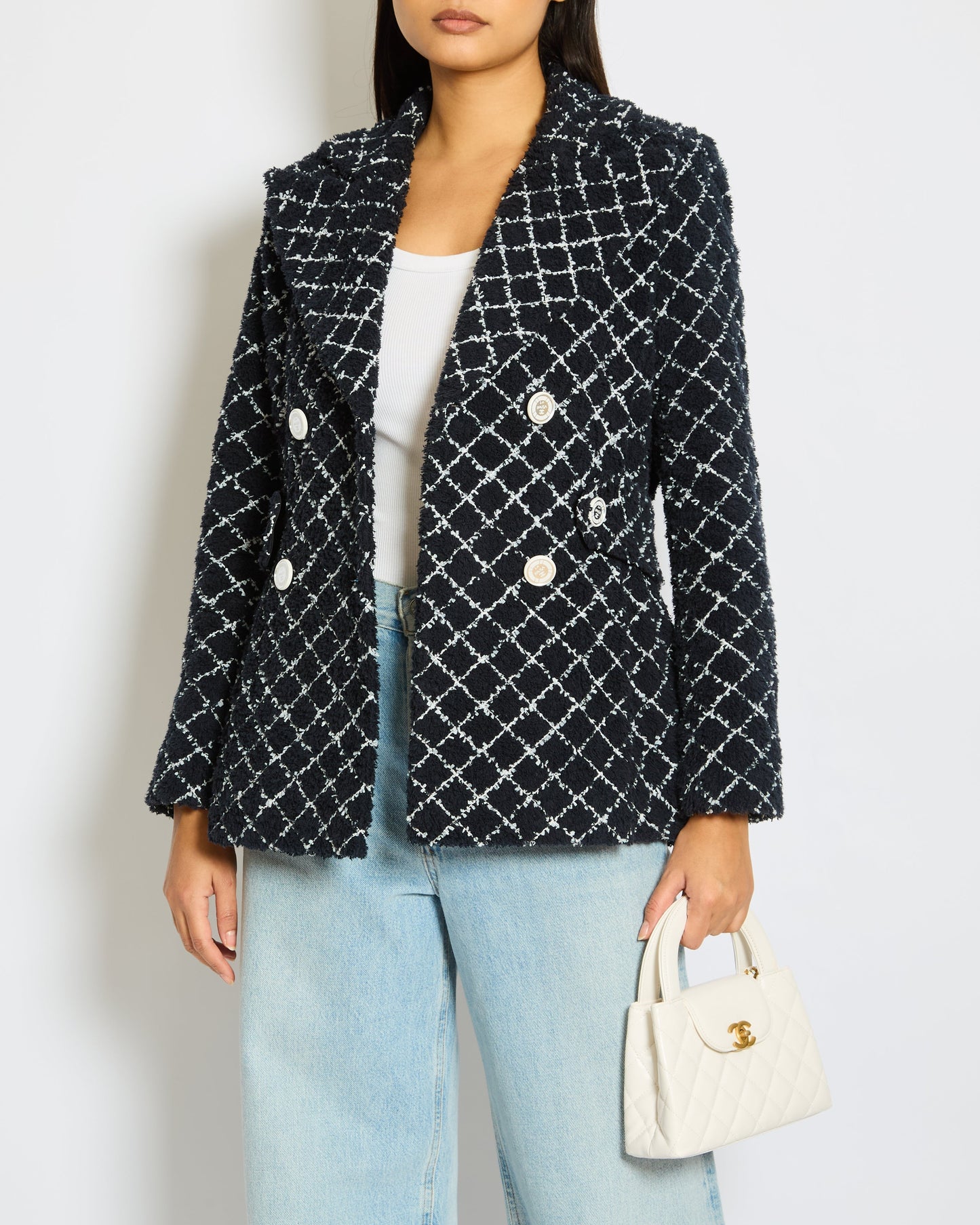 Chanel 19/C Cruise Collection Tweed Jacket in Navy and White with Mirrored Buttons Size FR 34 (UK 6)