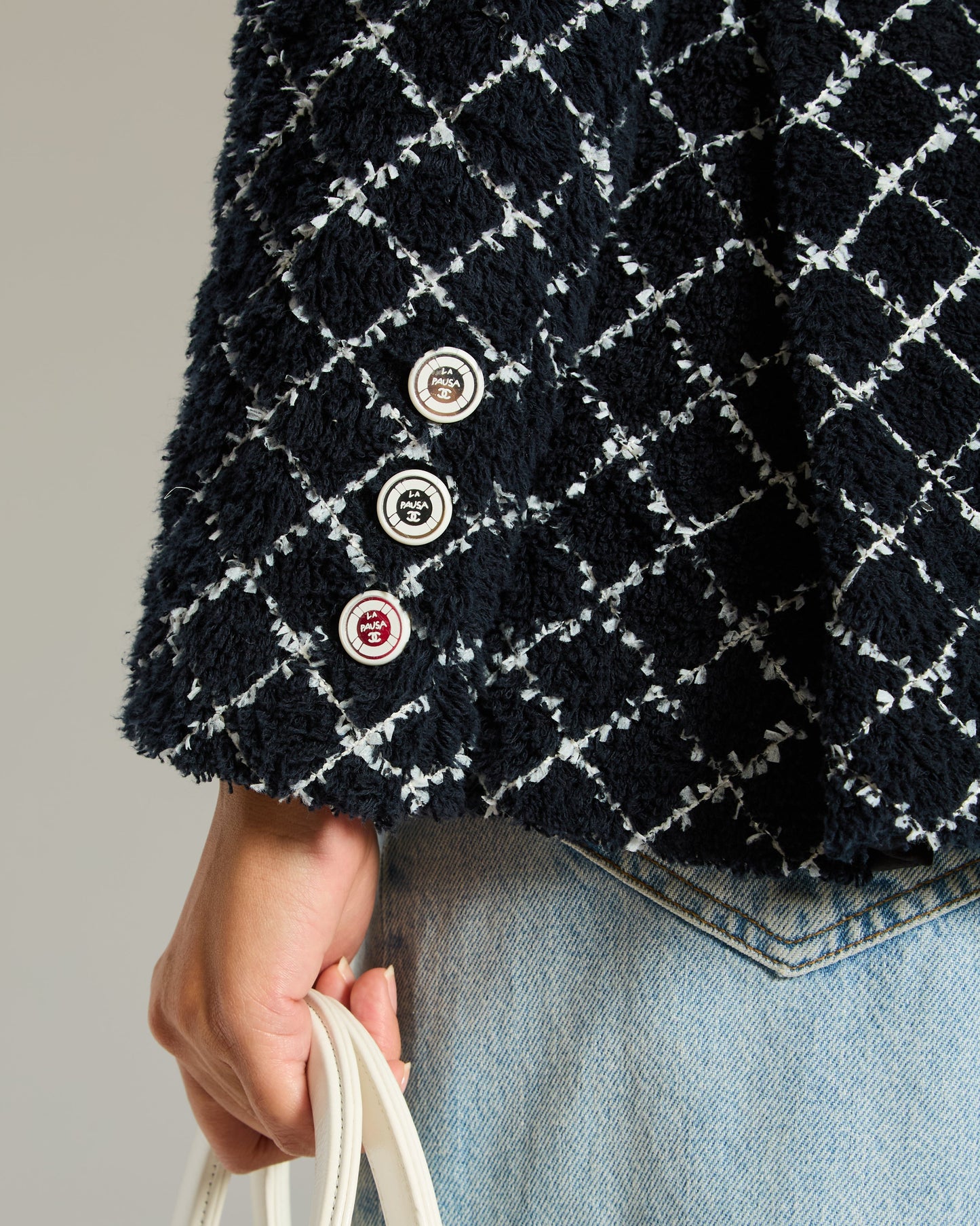 Chanel 19/C Cruise Collection Tweed Jacket in Navy and White with Mirrored Buttons Size FR 34 (UK 6)