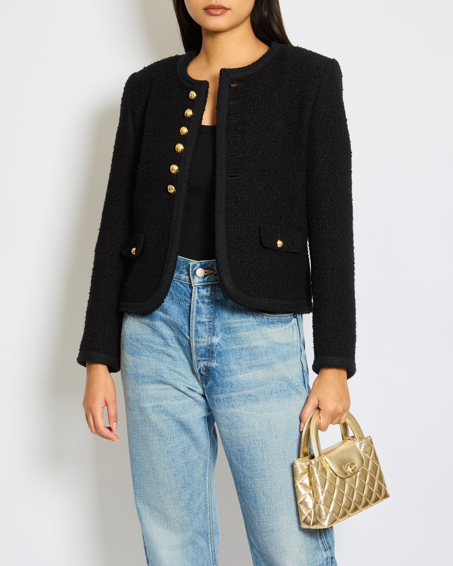 CŽline Black Tweed Round Neck Jacket with Gold Logo Button Detail Size FR 36 (UK 8)
