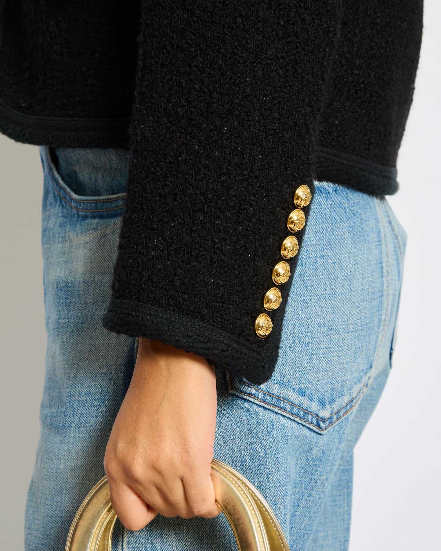 CŽline Black Tweed Round Neck Jacket with Gold Logo Button Detail Size FR 36 (UK 8)