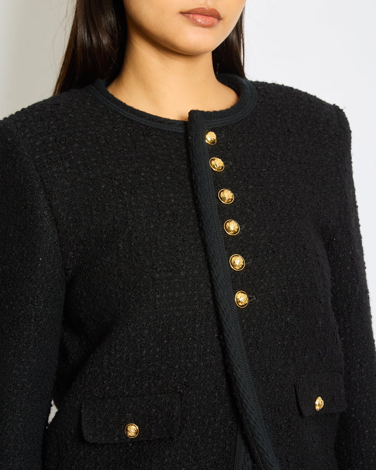 CŽline Black Tweed Round Neck Jacket with Gold Logo Button Detail Size FR 36 (UK 8)