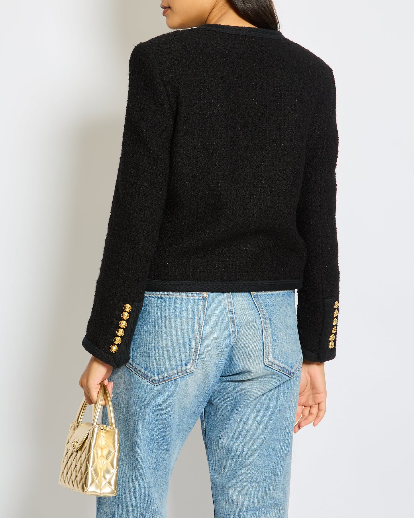 CŽline Black Tweed Round Neck Jacket with Gold Logo Button Detail Size FR 36 (UK 8)