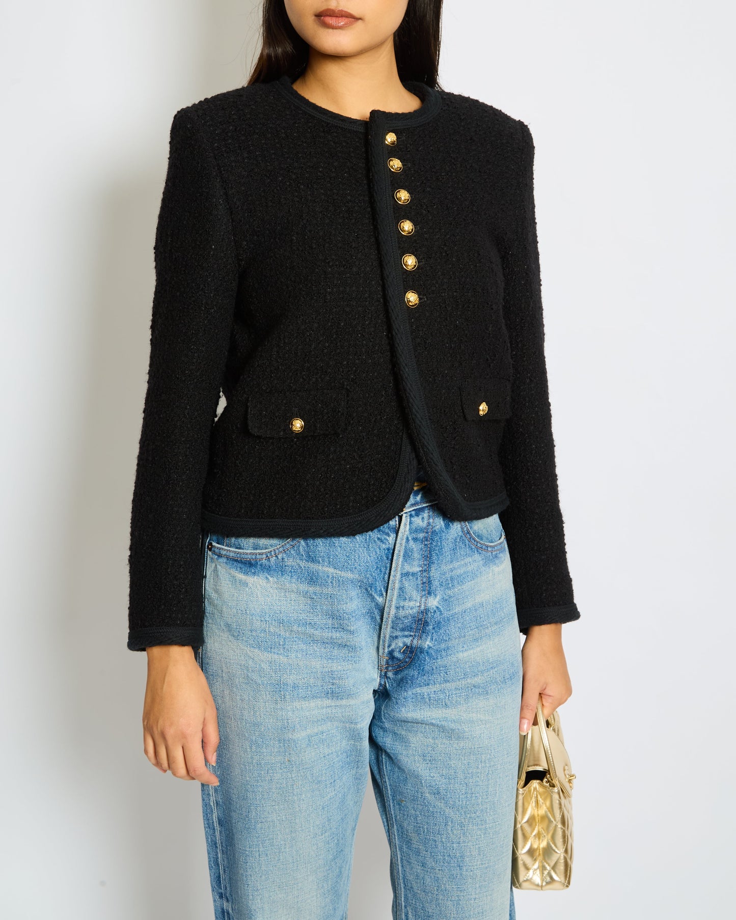 CŽline Black Tweed Round Neck Jacket with Gold Logo Button Detail Size FR 36 (UK 8)