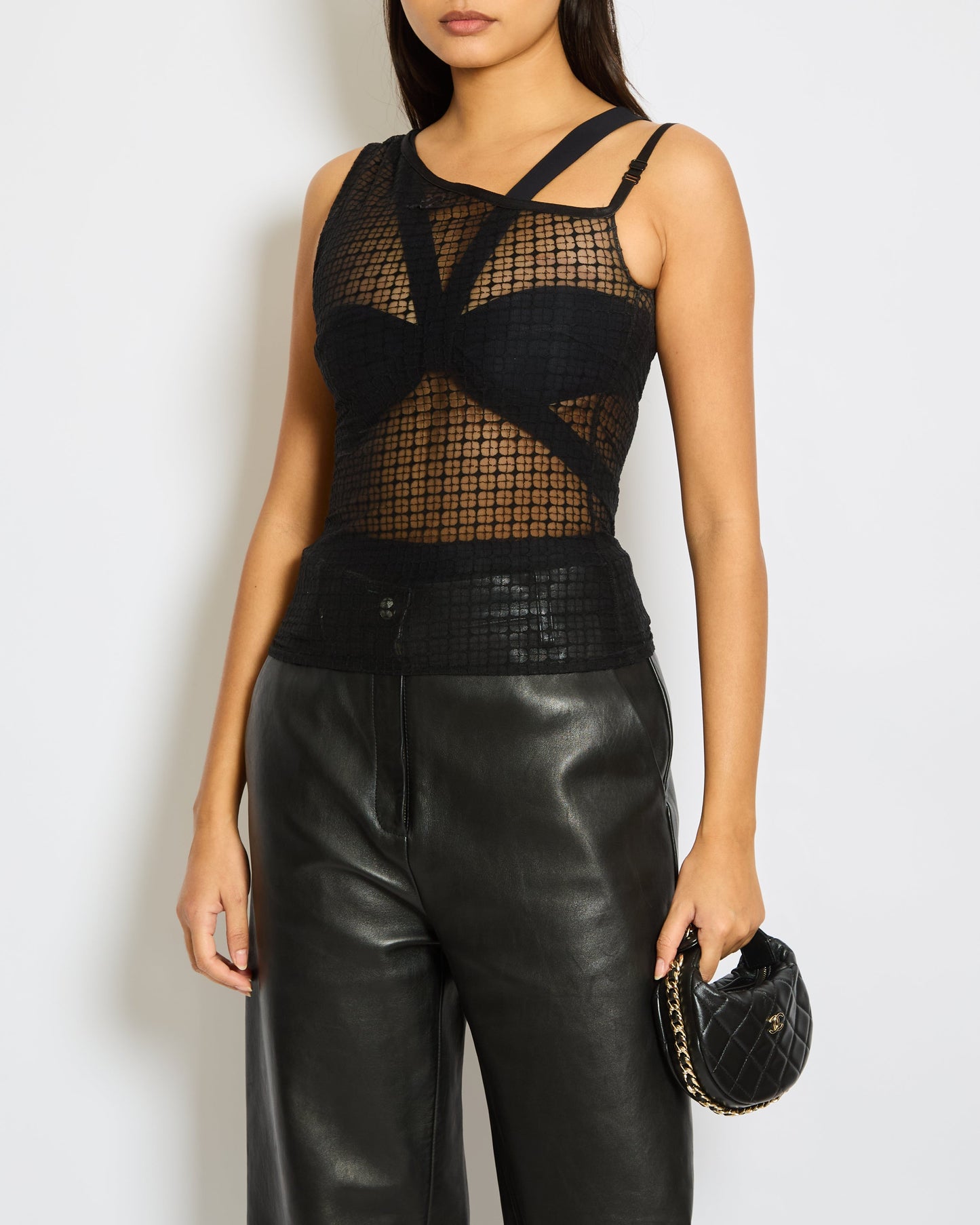 Courr�ges Black Logo One-Shoulder Mesh Top Size S (UK 8)