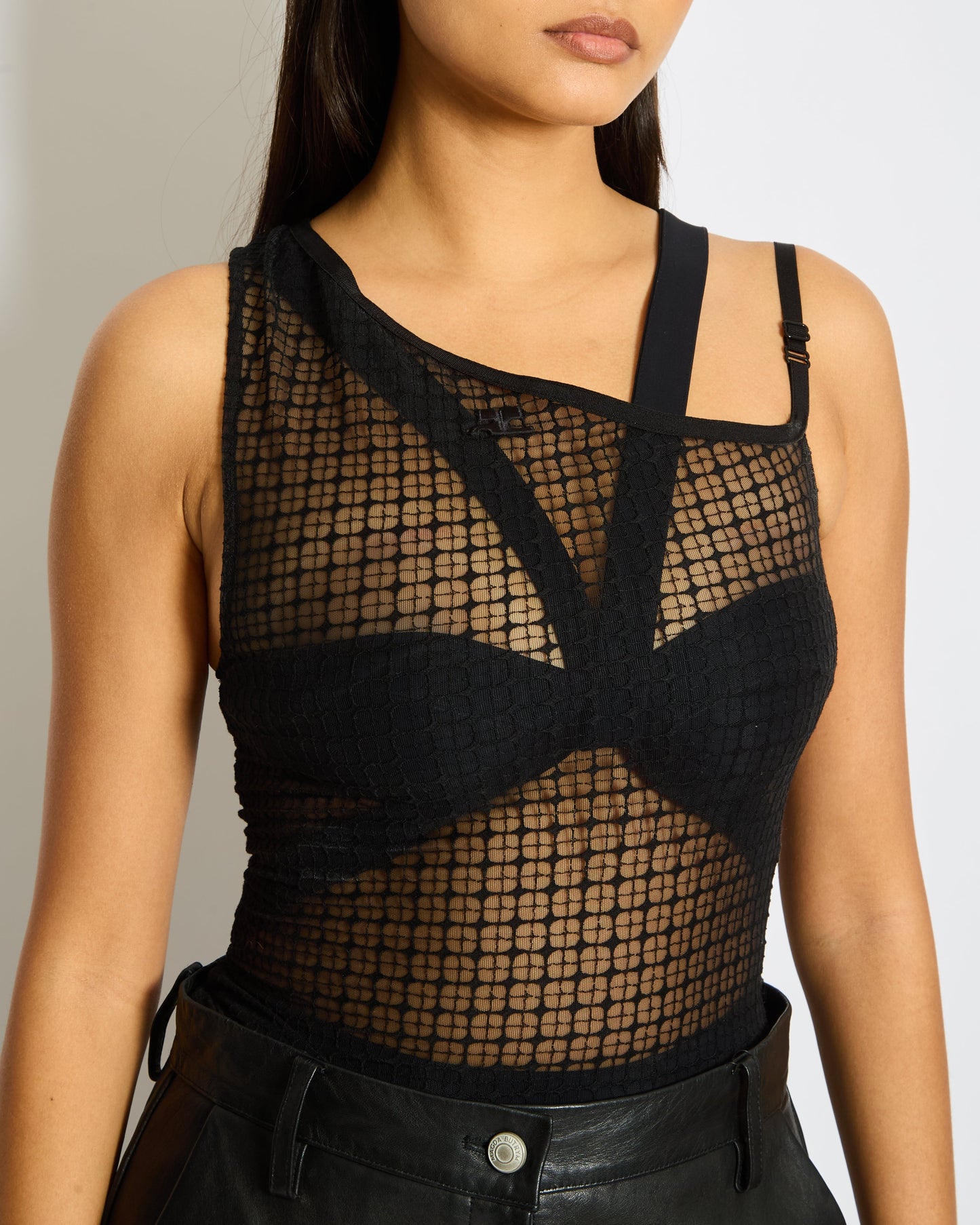 Courr�ges Black Logo One-Shoulder Mesh Top Size S (UK 8)
