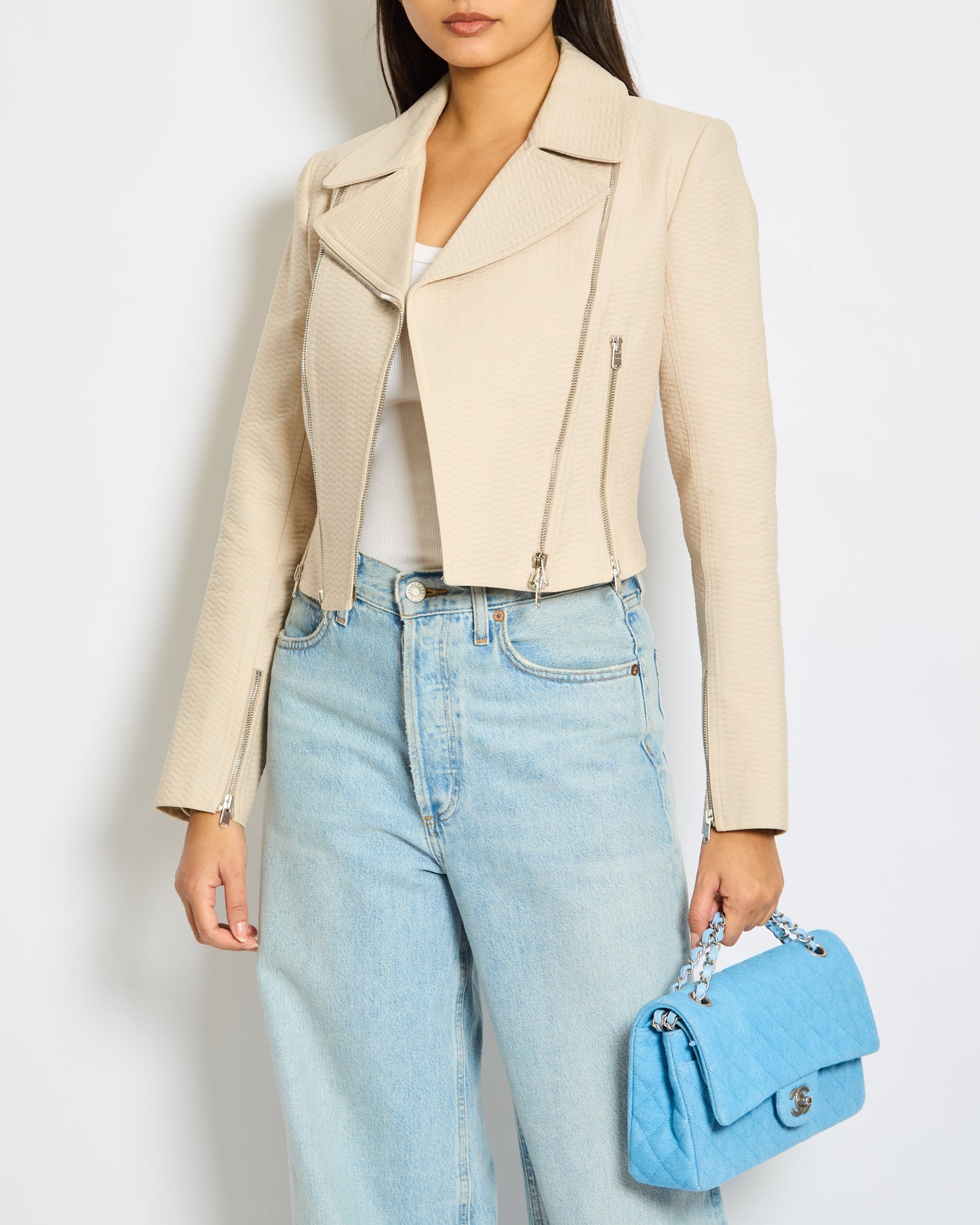 Ala•a Beige Zipped Jacquard Biker Jacket Size FR 38 (UK 10)