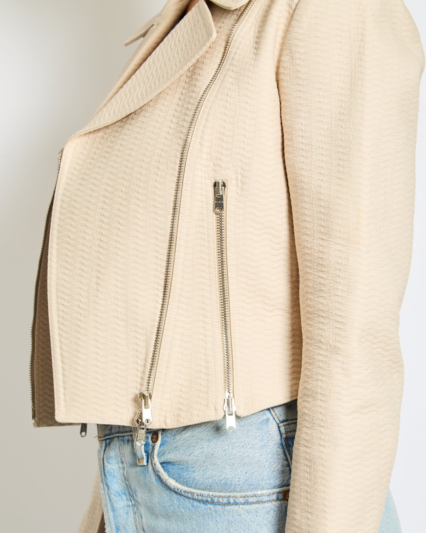 Ala•a Beige Zipped Jacquard Biker Jacket Size FR 38 (UK 10)