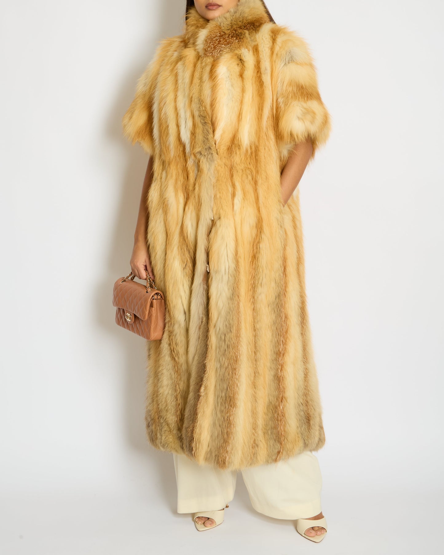 Custom Orange Brown Fur Sleeveless Longline Gilet with Fur Mittens Size 0S