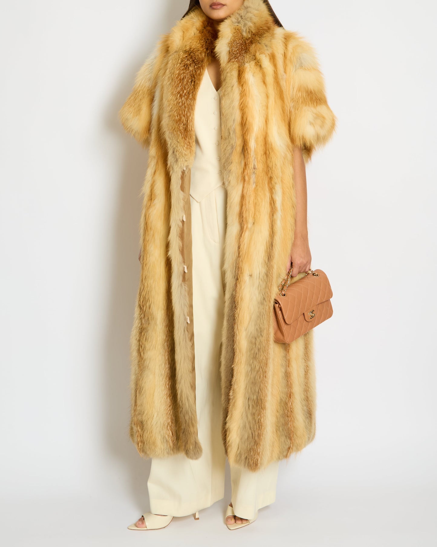 Custom Orange Brown Fur Sleeveless Longline Gilet with Fur Mittens Size 0S