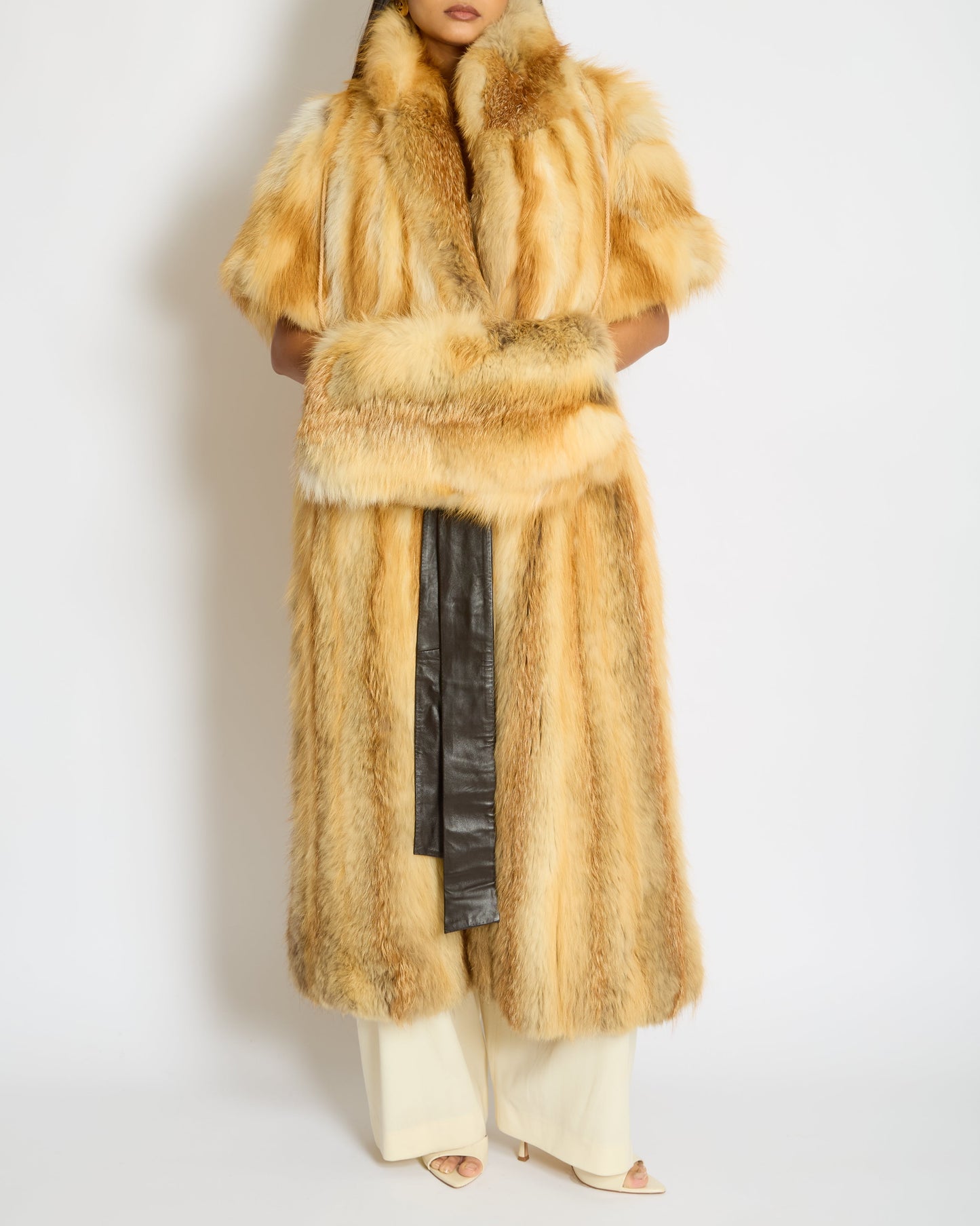 Custom Orange Brown Fur Sleeveless Longline Gilet with Fur Mittens Size 0S