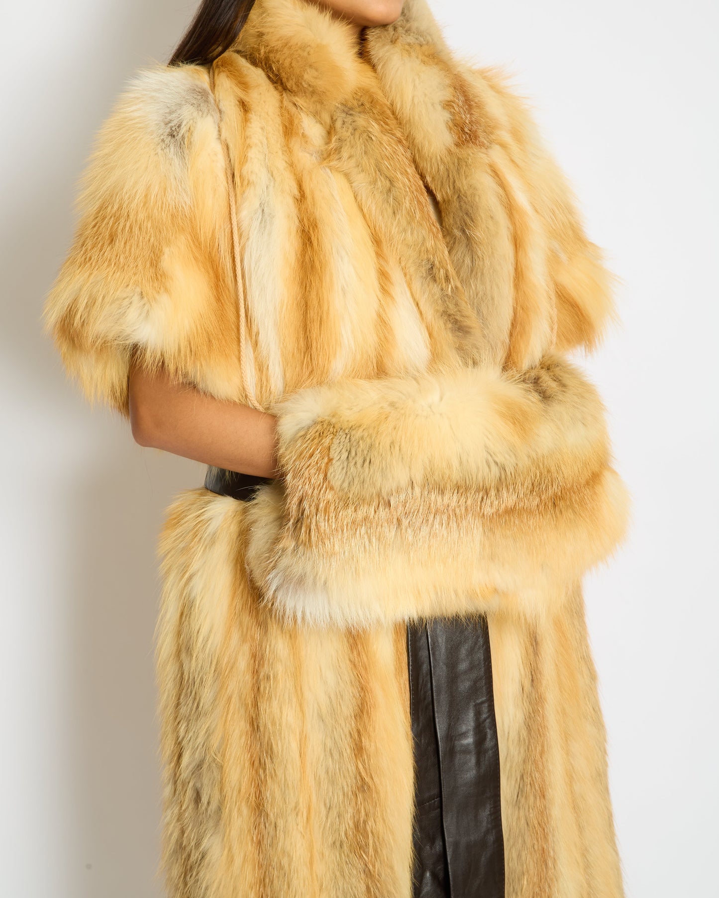 Custom Orange Brown Fur Sleeveless Longline Gilet with Fur Mittens Size 0S