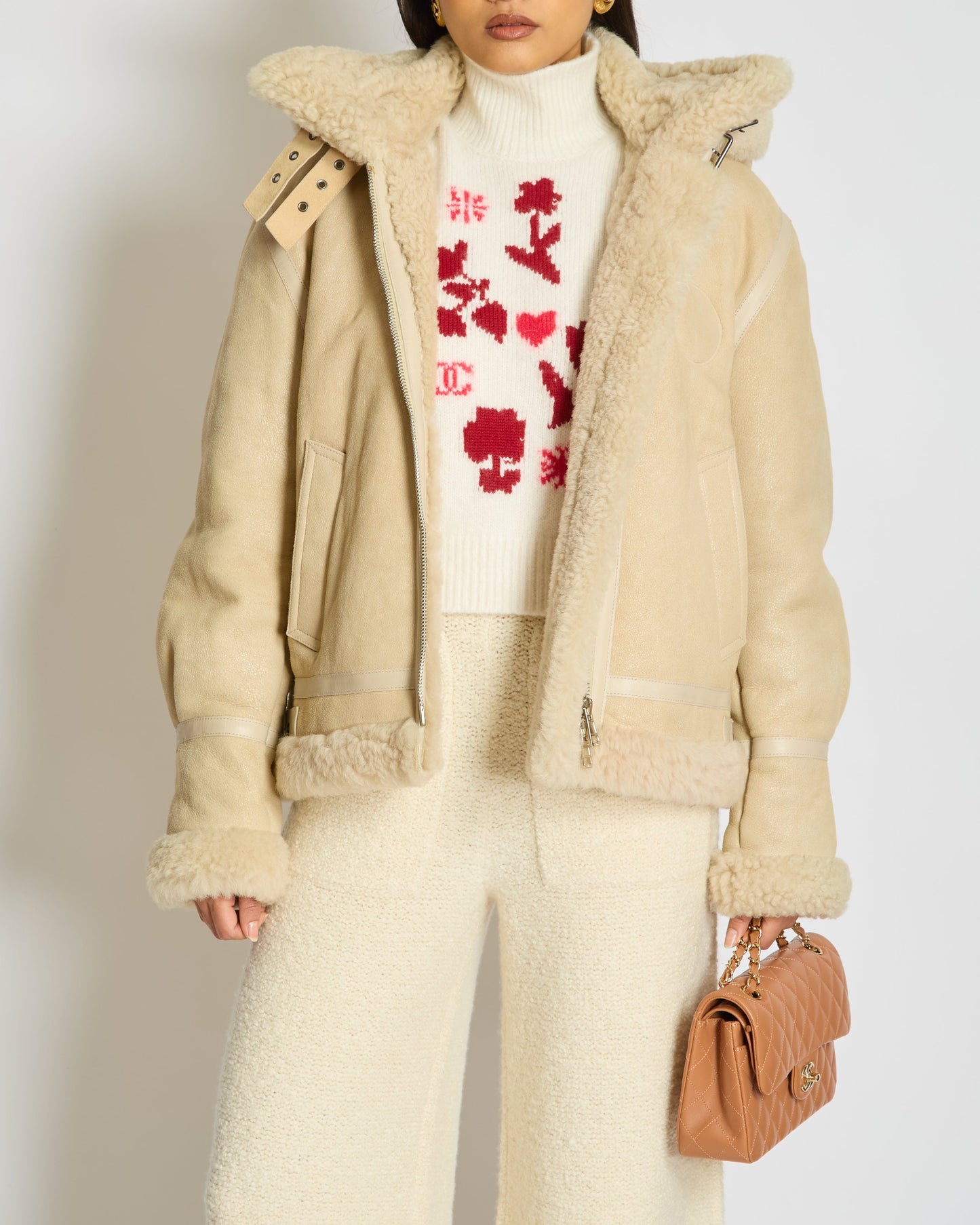 ChloŽ Beige Shearling Flight Logo Jacket with Detachable Hood Size FR 38 (UK 10)
