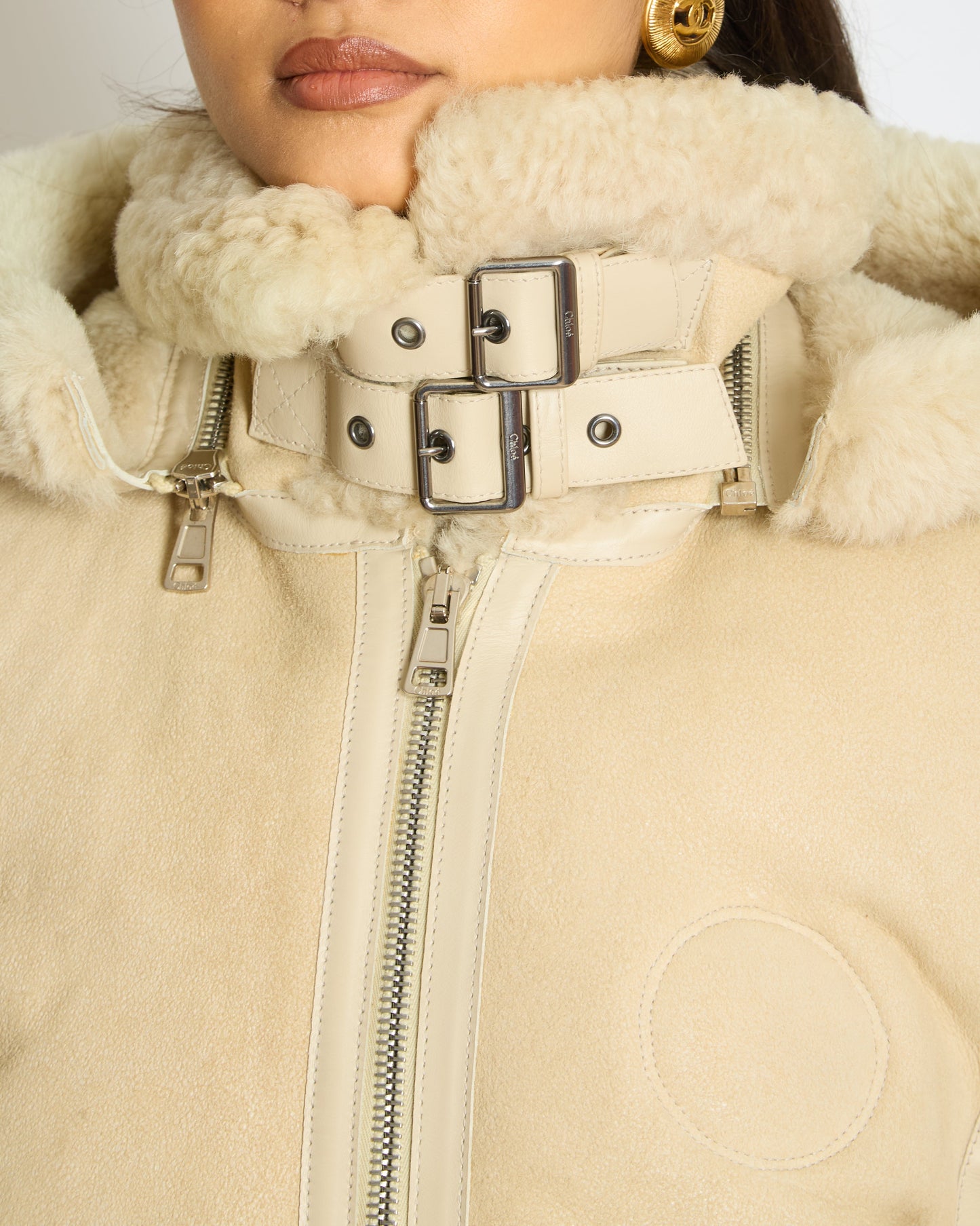 ChloŽ Beige Shearling Flight Logo Jacket with Detachable Hood Size FR 38 (UK 10)