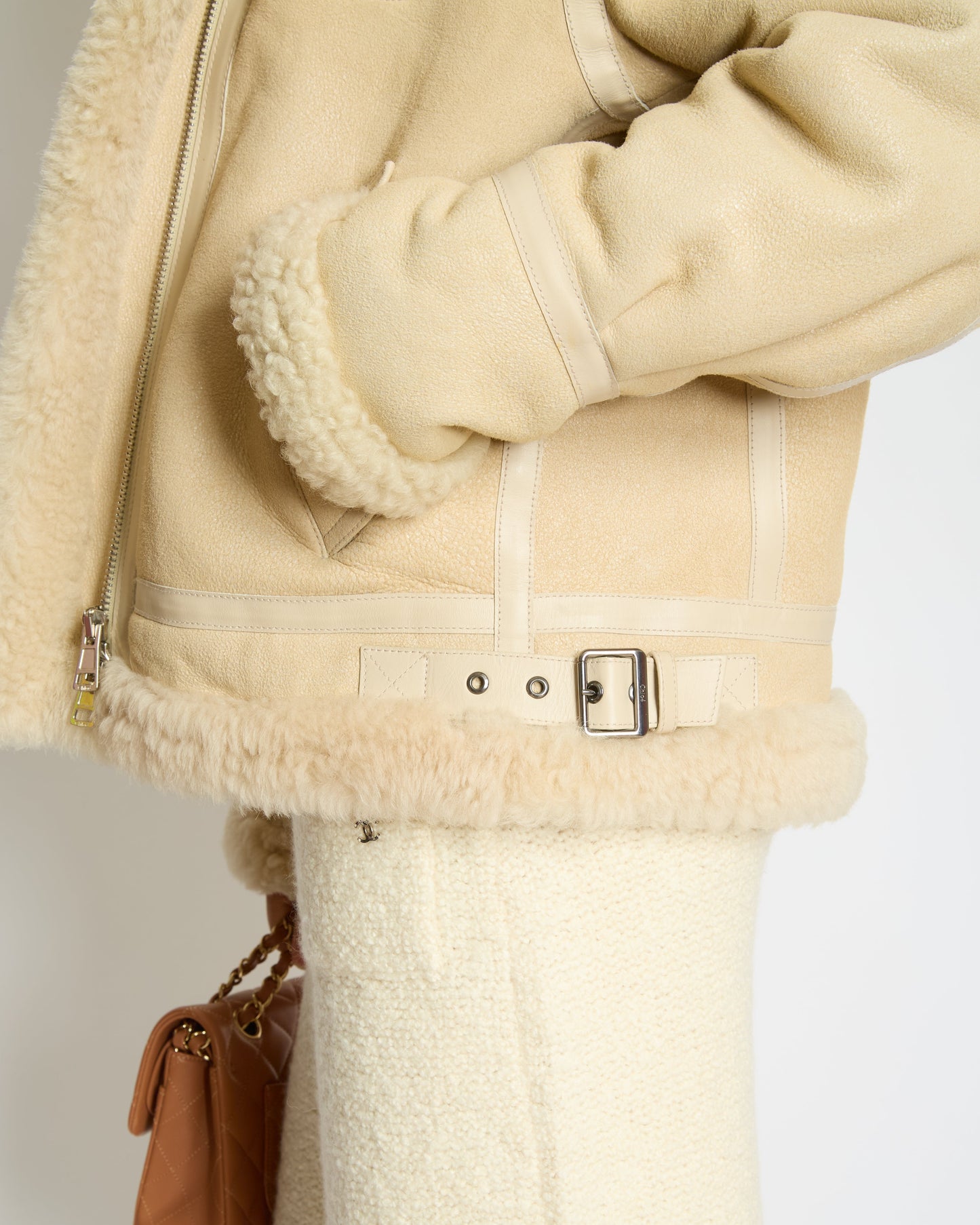 ChloŽ Beige Shearling Flight Logo Jacket with Detachable Hood Size FR 38 (UK 10)