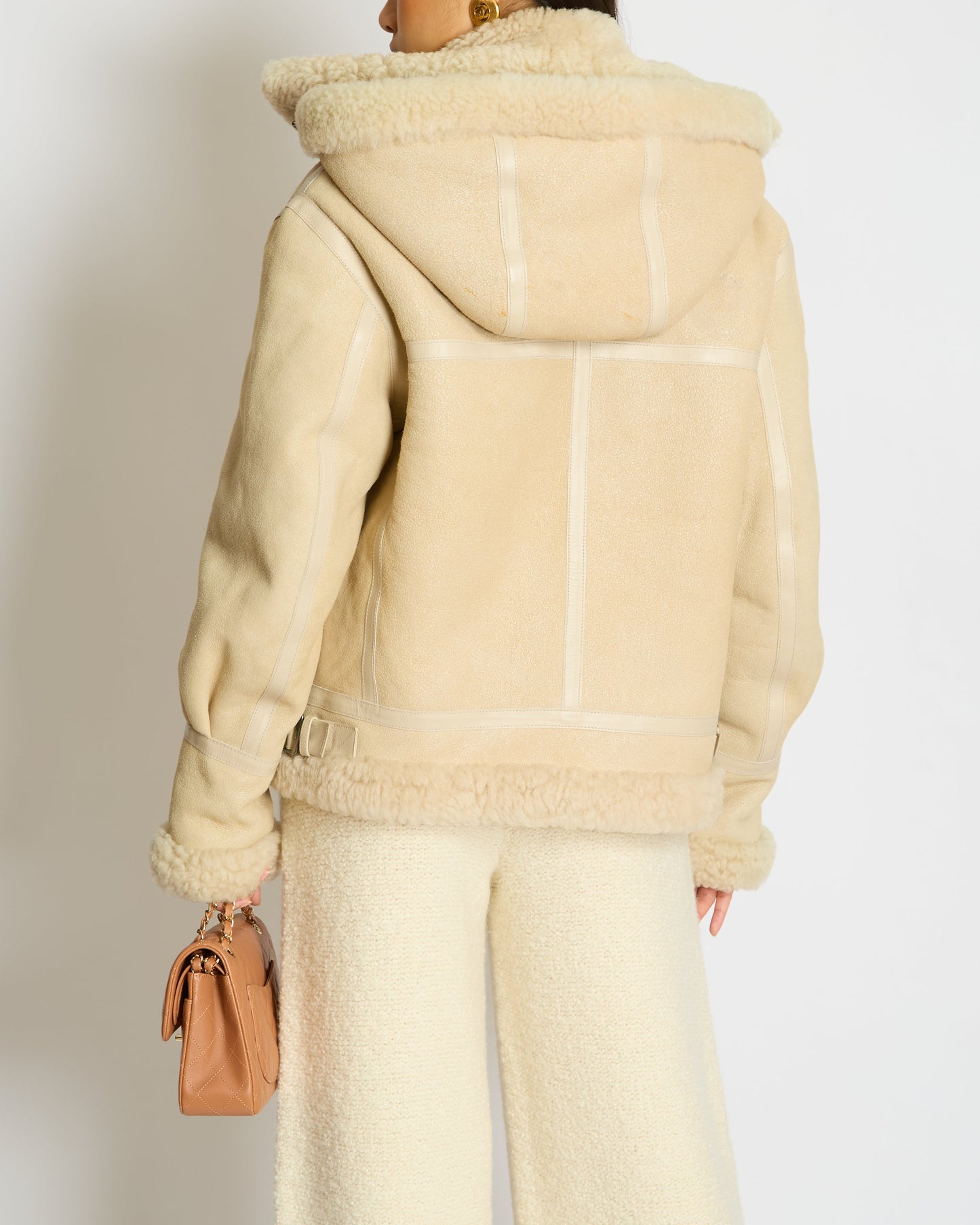 ChloŽ Beige Shearling Flight Logo Jacket with Detachable Hood Size FR 38 (UK 10)