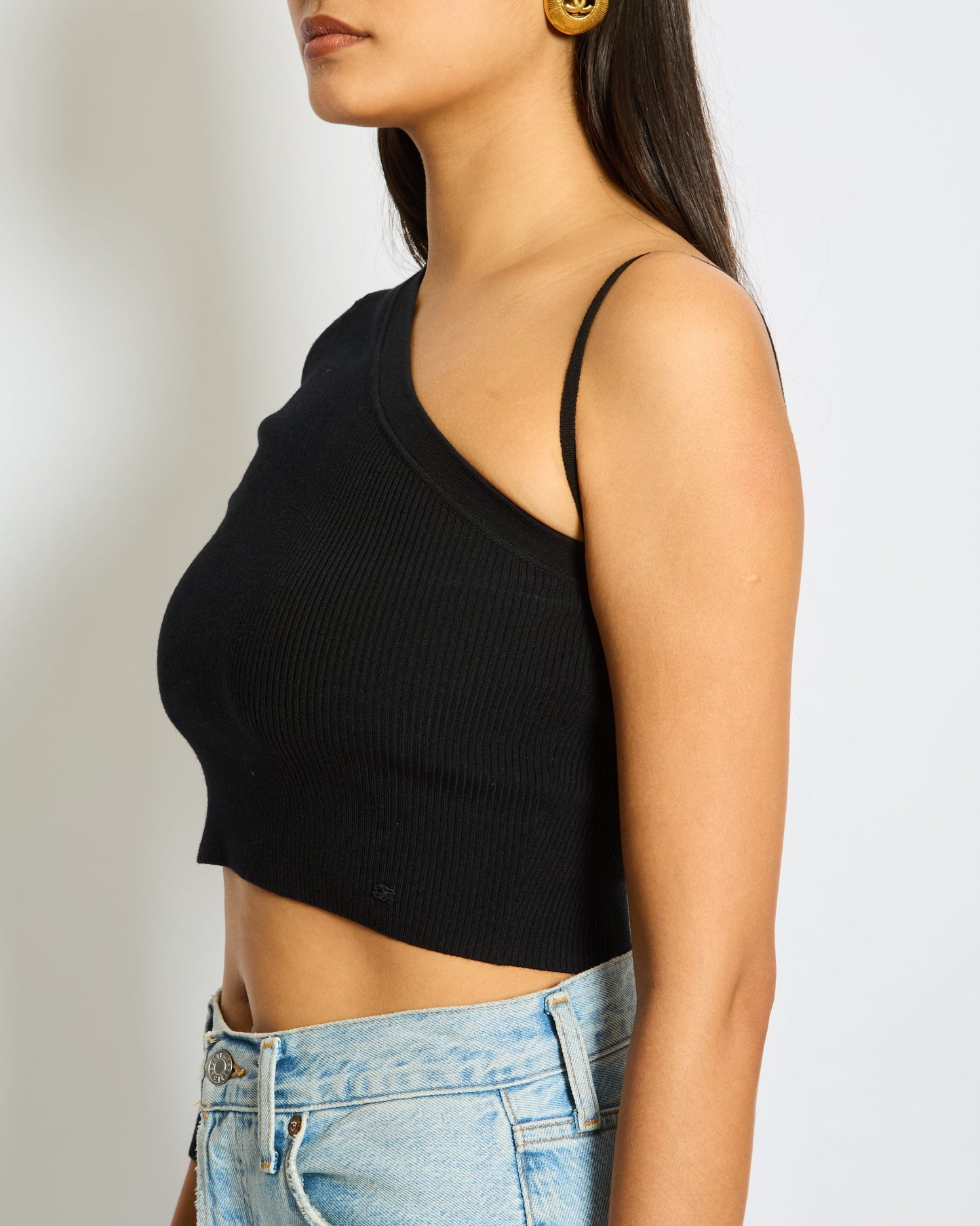 Celine Black Ribbed Asymmetric One-Shoulder Top XS UK 6