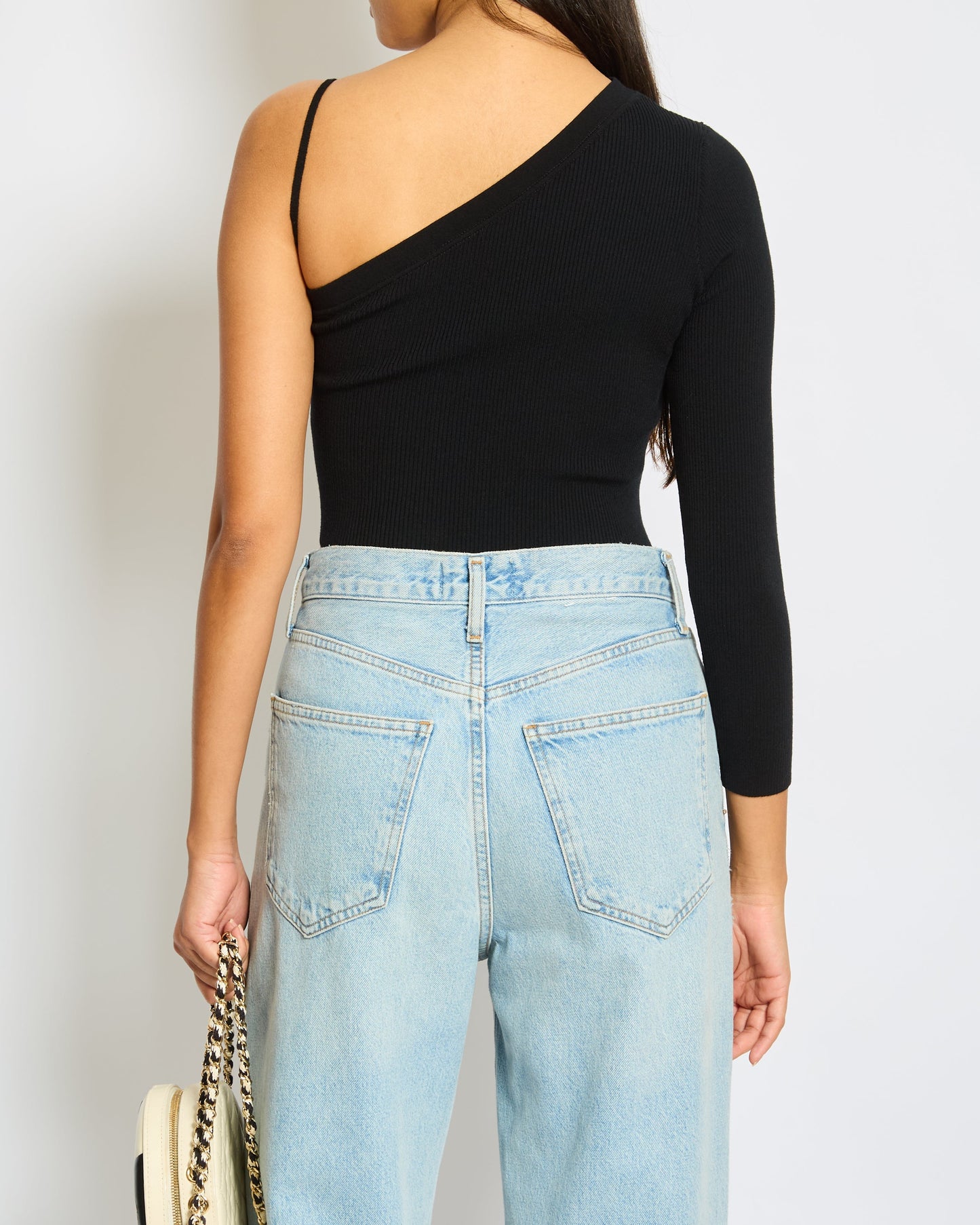 Celine Black Ribbed Asymmetric One-Shoulder Top XS UK 6