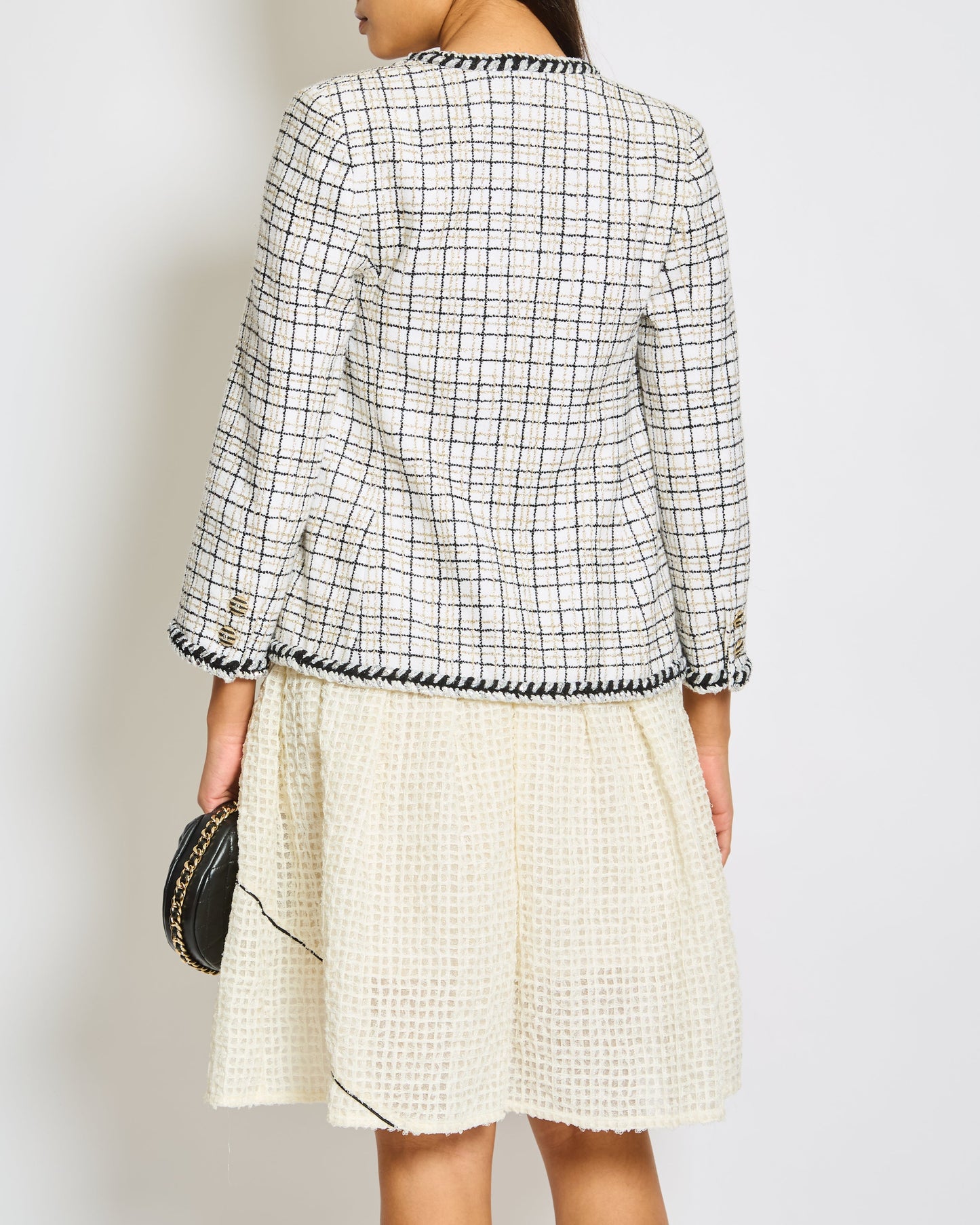 Chanel 24/C White, Black, Gold Check Tweed Jacket with Silver Black Trim Detail CC Button Size FR 36 (UK 8)