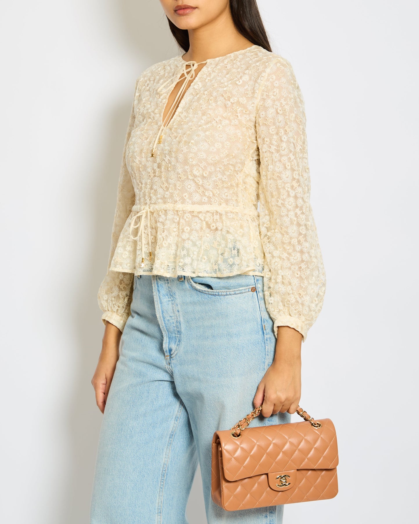 Celine Cream Lace & Embroidery Anglaise Boho Top with Flower and Logo Details Size FR 34 (UK 6)