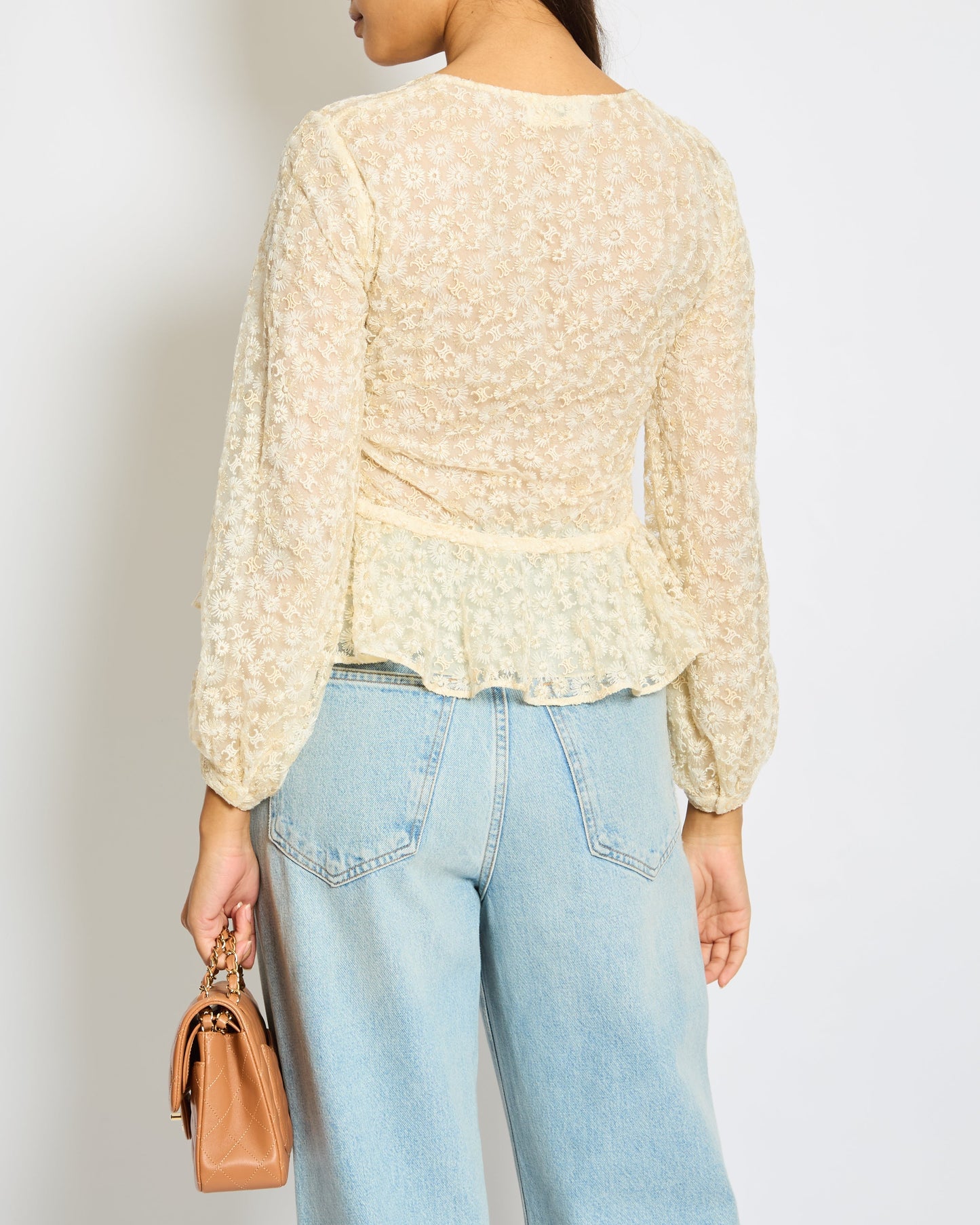 Celine Cream Lace & Embroidery Anglaise Boho Top with Flower and Logo Details Size FR 34 (UK 6)