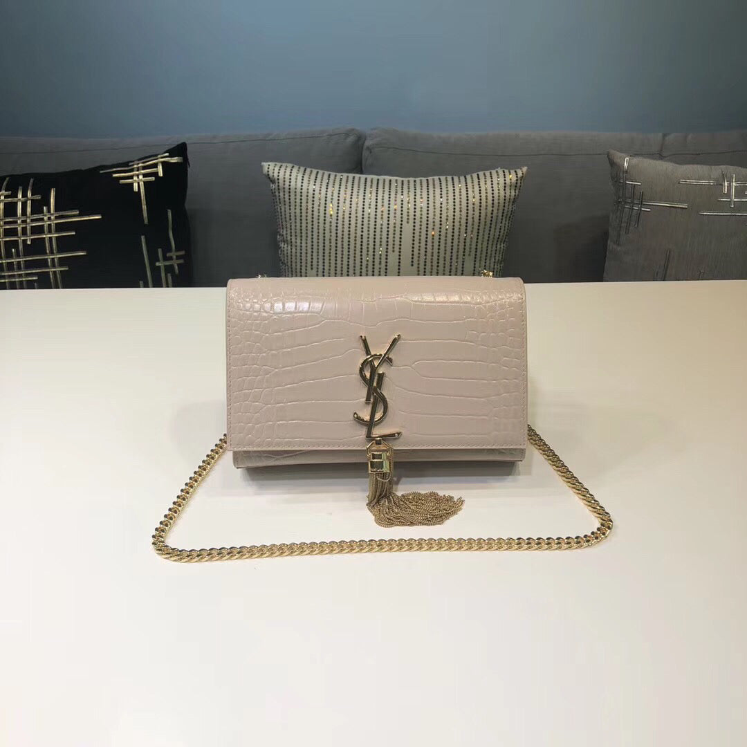 Top Quality Kate Small Chain Bag With Tassel In Embossed Beige For Women 7.8in/20cm YSL 