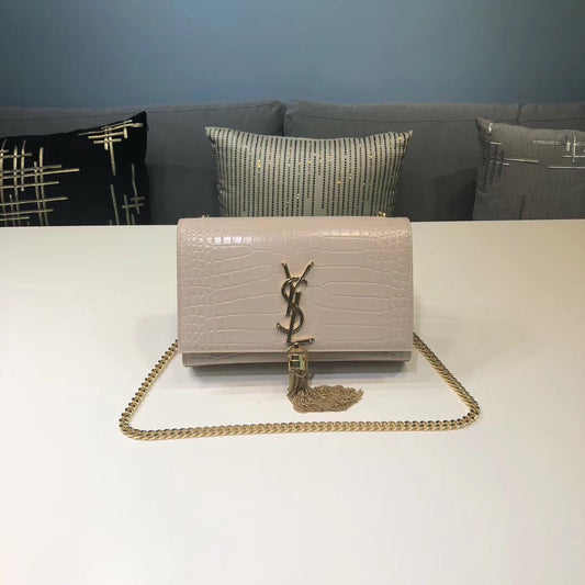 Top Quality Kate Small Chain Bag With Tassel In Embossed Beige For Women 7.8in/20cm YSL 