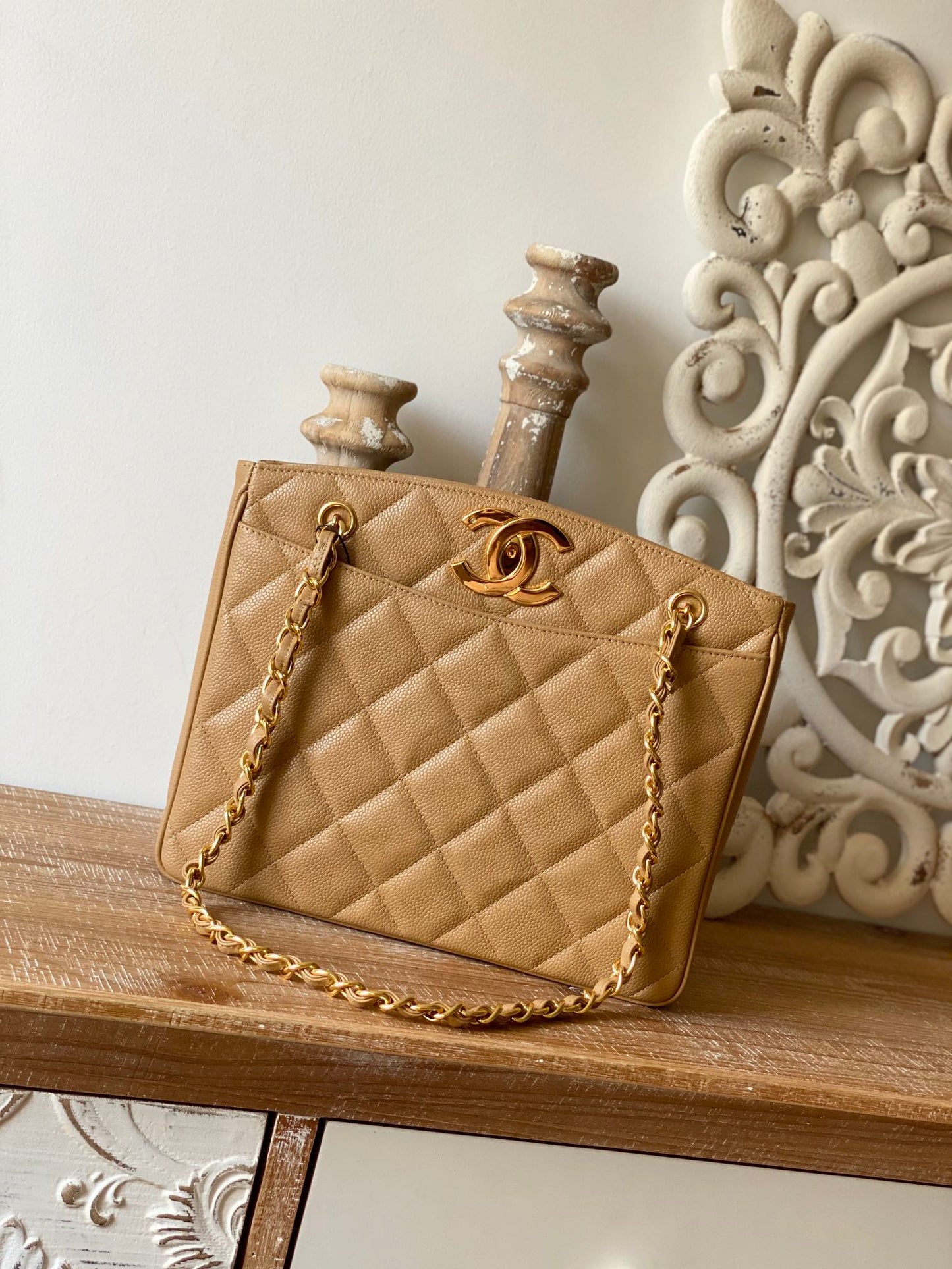 CHL Beige Medium Quilted Caviar Tote Bag For Women 28cm/11in