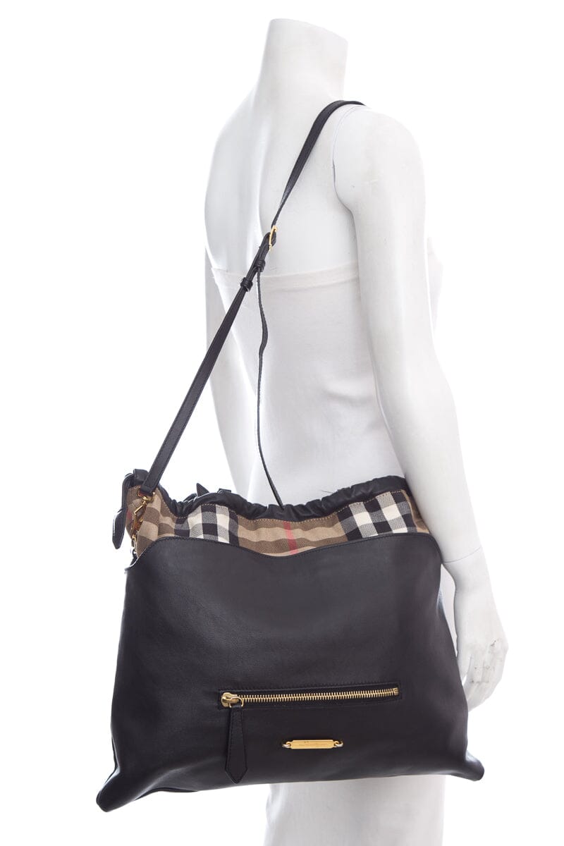 Burberry Ho  Check Big Crush Black Leather Tote Bag