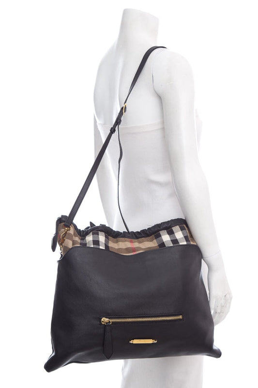 Burberry Ho  Check Big Crush Black Leather Tote Bag