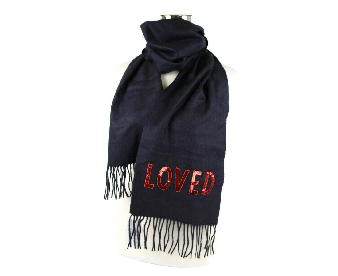 Gucci Women's Dark Blue Silk / Cashmere Long Scarf With Red Sequin "LOVED"