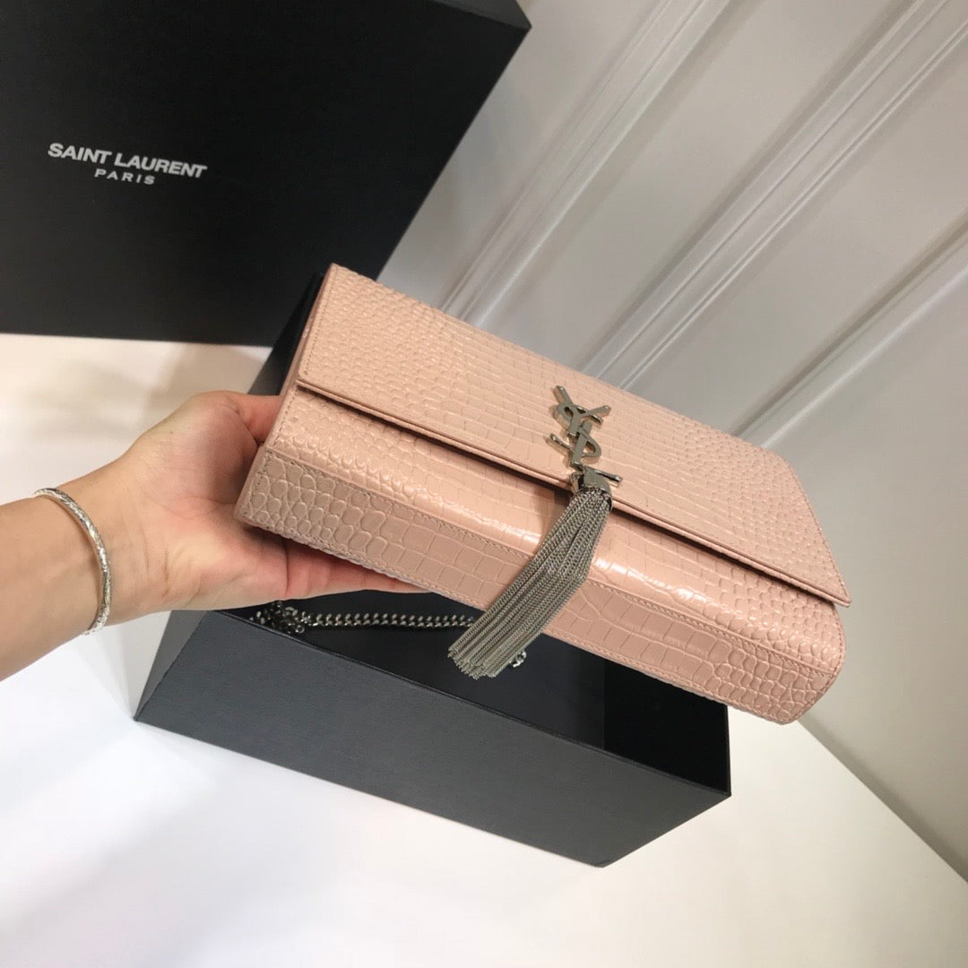 Top Quality Kate MeTop Qualityum Chain Bag With Tassel In Embossed CrocoTop Qualityle Dark Beige For Women 9.4in/24cm YSL