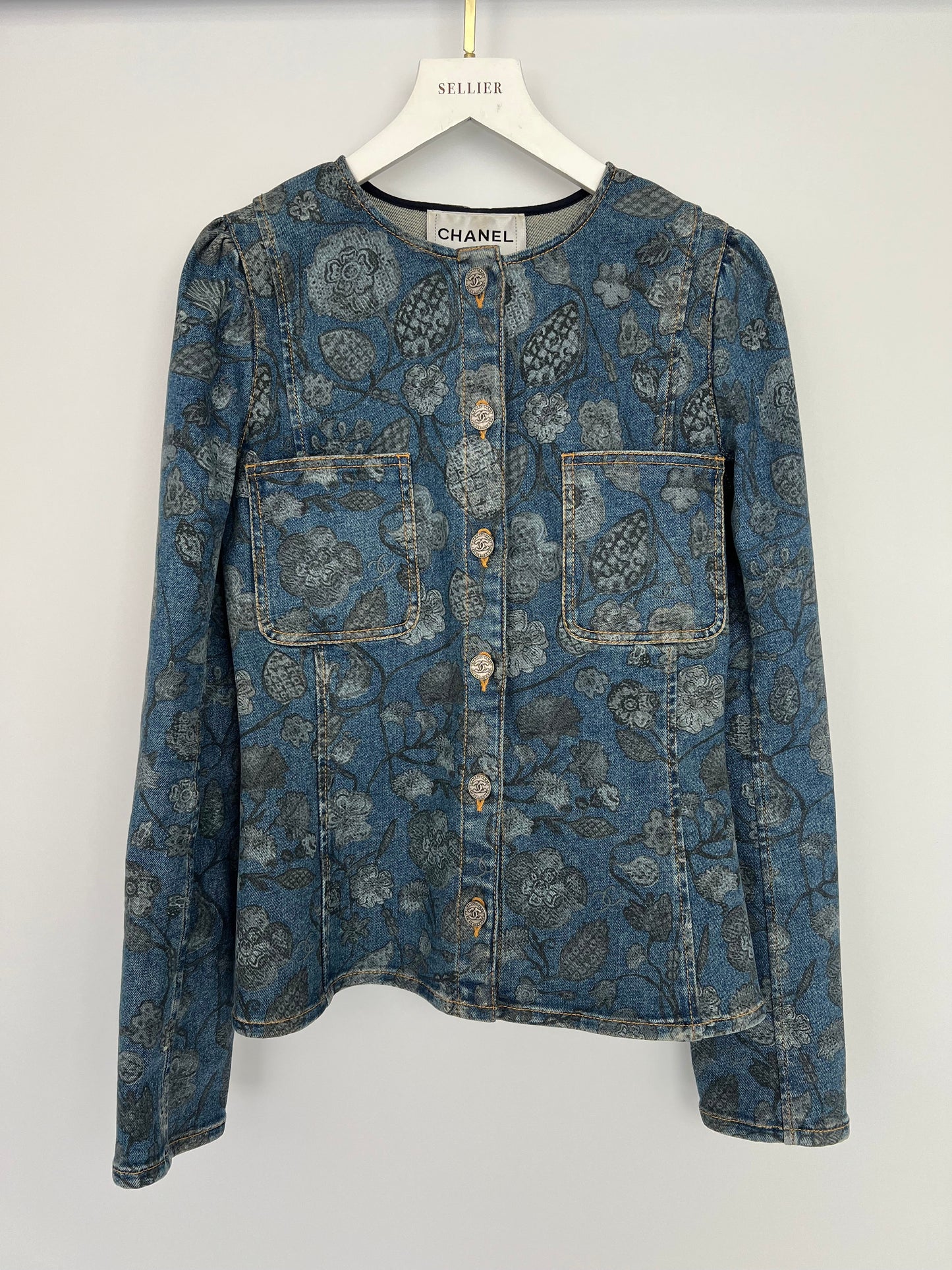 Chanel 21/A Flower Printed Denim Jacket with Silver CC Button Details Size FR 38 (UK 10)