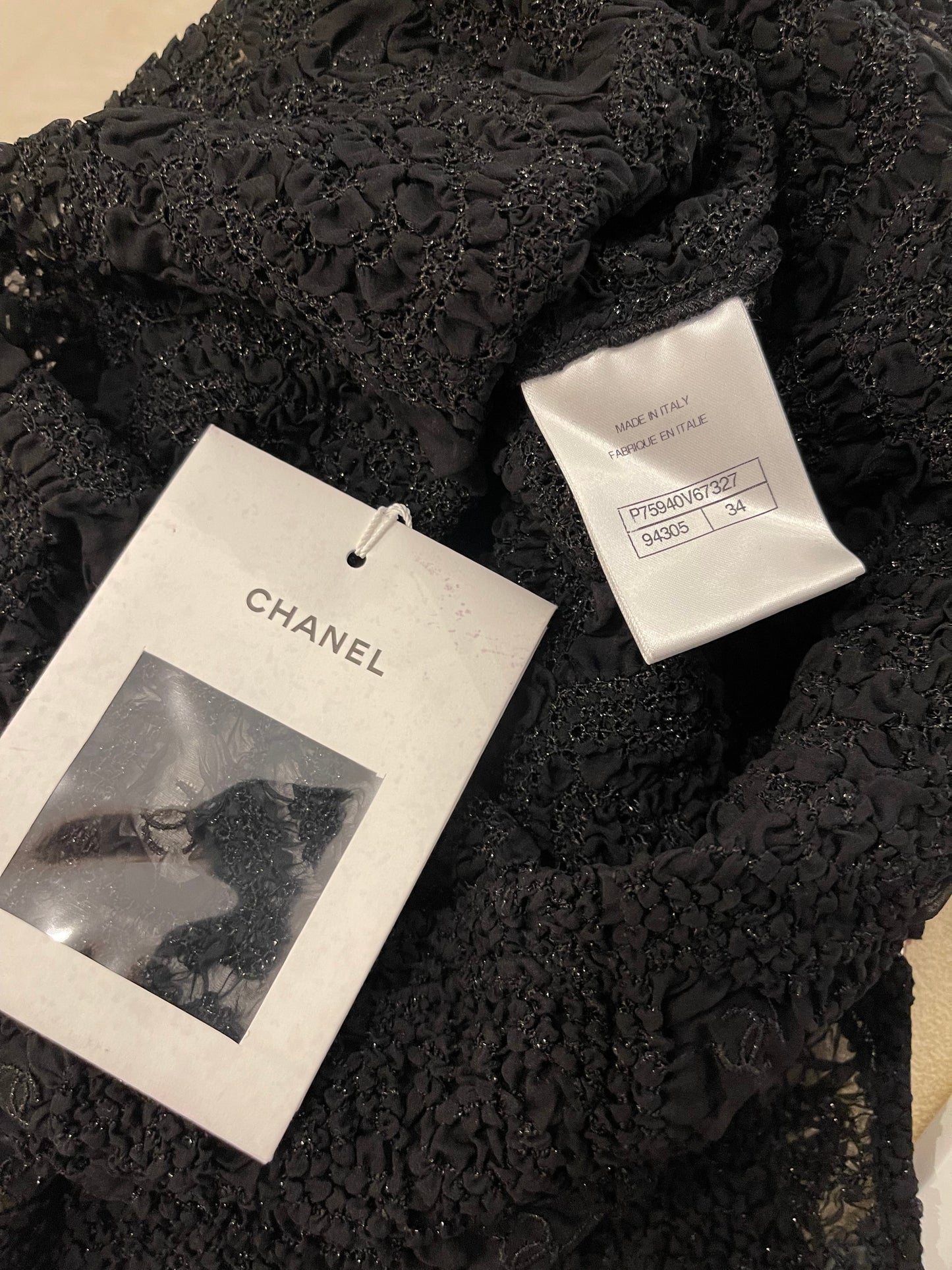 Chanel Black Lace Tulle Top and Cyclist Shorts Set with Camelia Details and Crystal CC Logos Size FR 34 (UK 6)