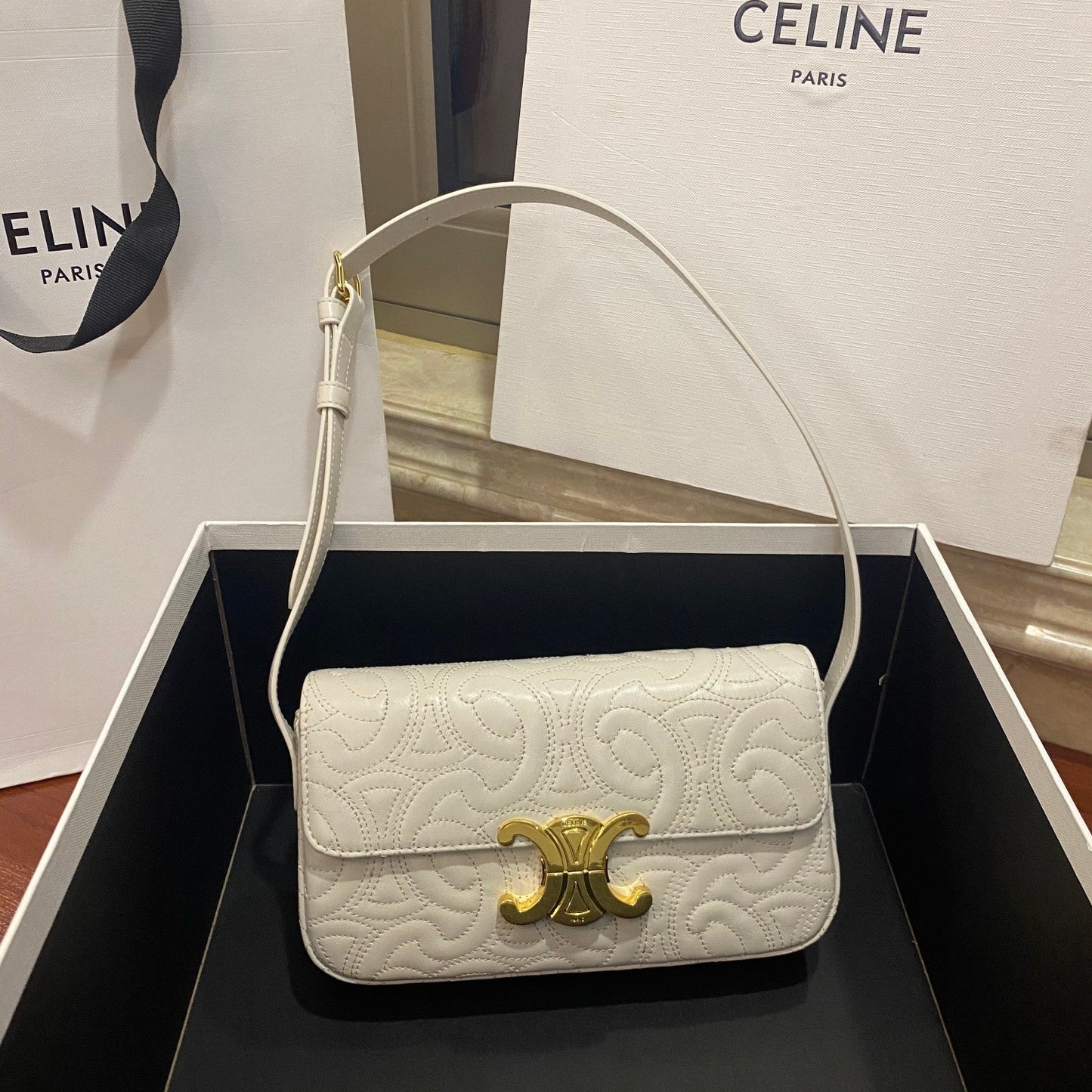 Top Quality Triomphe Shoulder Bag In Quilted Triomphe Lambskin White For Women 8in/20cm 194143EF4.01BC