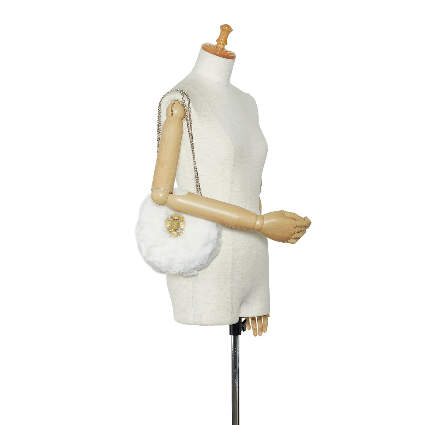 White Chanel CC Crystal Embellished Faux Fur Round Crossbody