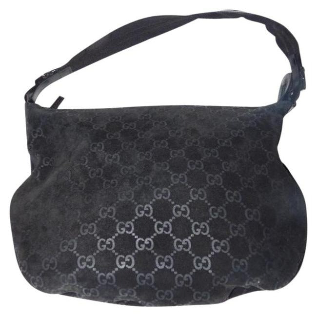 Gucci   Black With Metallic Embossed G Logo Print Suede Leather Hobo Bag