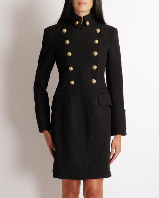 Balmain Black Wool Double Breasted Coat with Gold Buttons Size FR 38 (UK 10) RRP £4,500