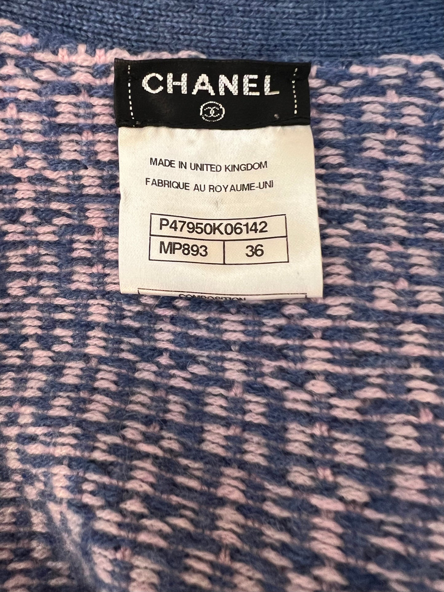 Chanel 11/C Blue and Pink Cashmere Knitted Cardigan with Braided Trim Detail Size FR 36 (UK 8)