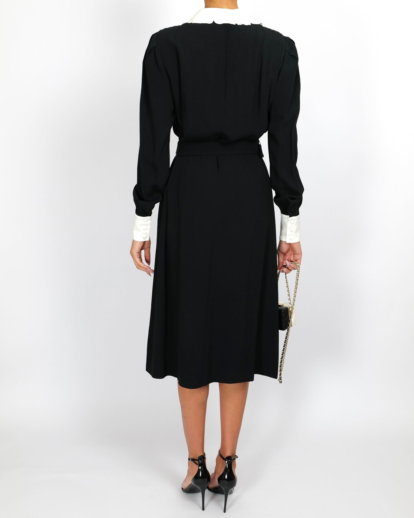 Alessandra Rich Black Midi Dress with White Collar and Cuff Details and Crystal Belt Buckle Size IT 44 (UK 12)