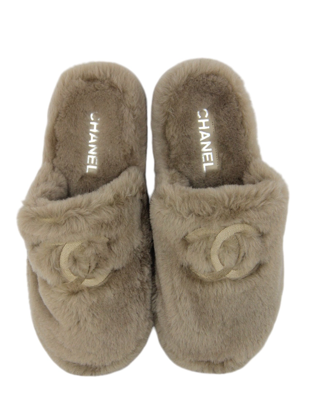 Chanel NEW Shearling Logo Slippers w/ Case sz 39
