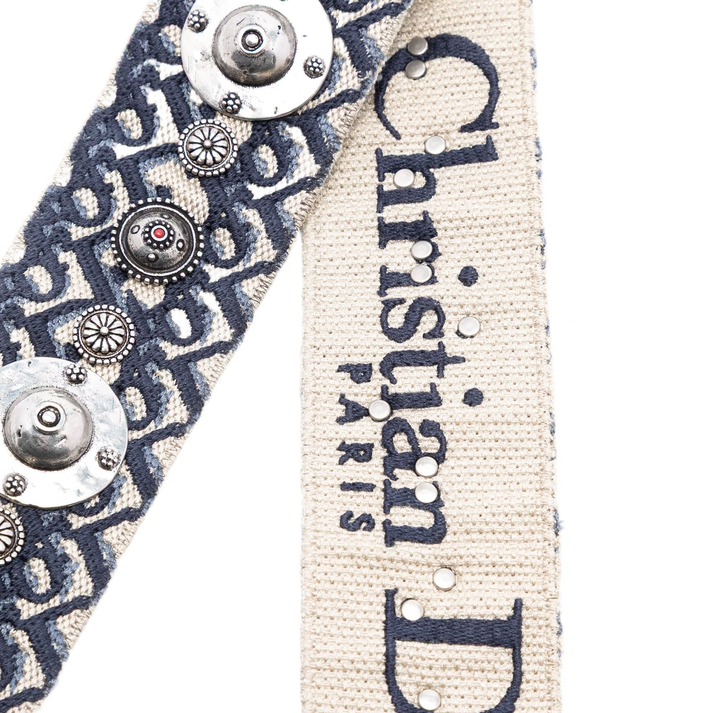 Blue Dior Oblique Embroidered Canvas Studded Bag Strap