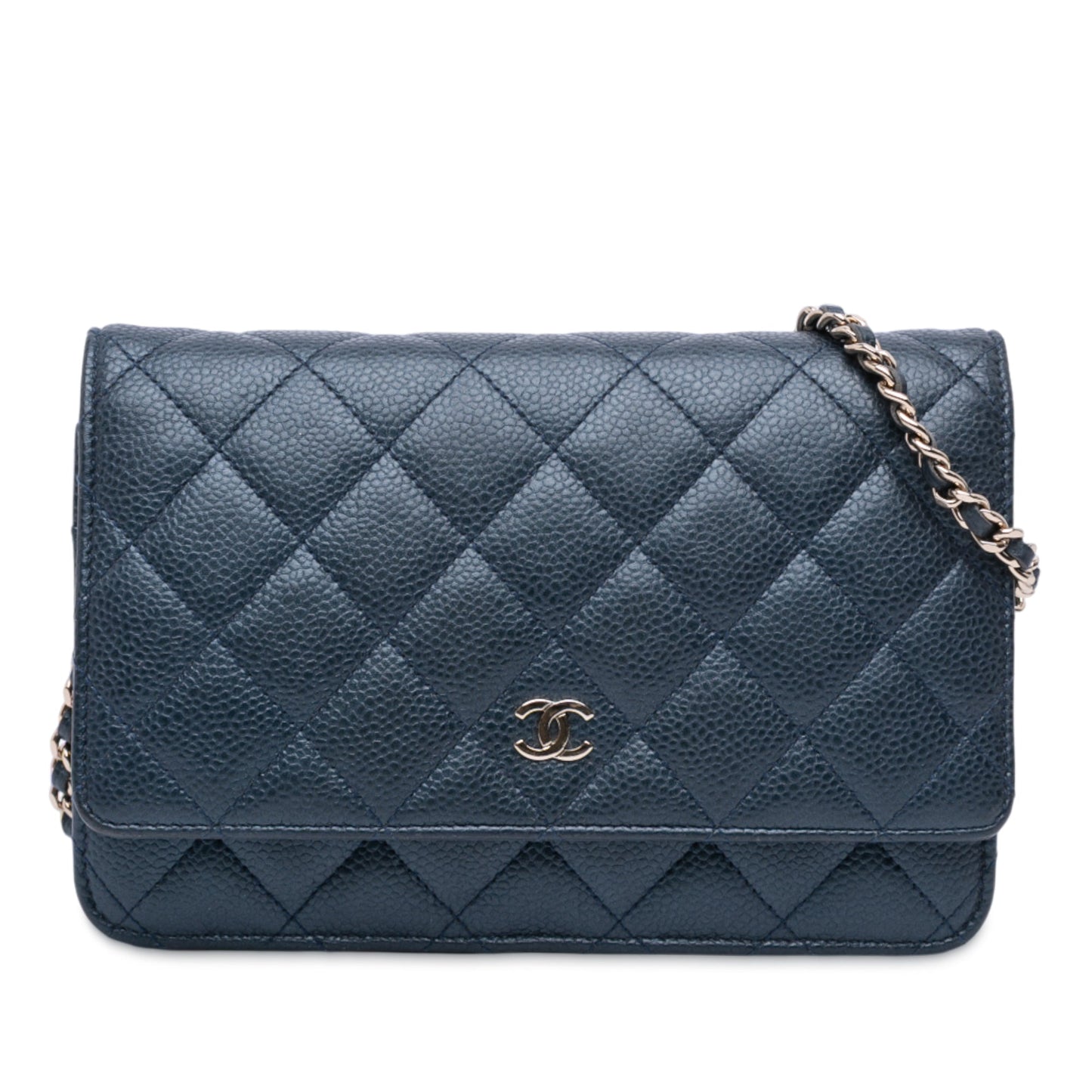 Navy Chanel CC Quilted Iridescent Caviar Wallet on Chain Crossbody Bag