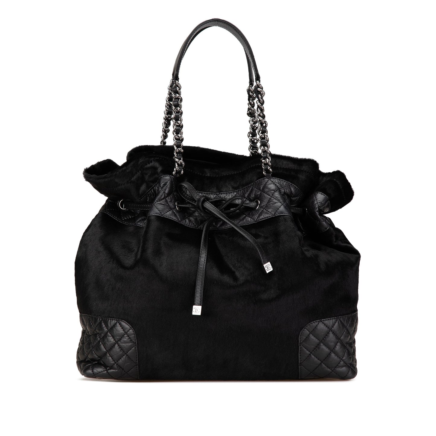 Black Chanel Pony Hair and Quilted Aged Calfskin Drawstring Tote
