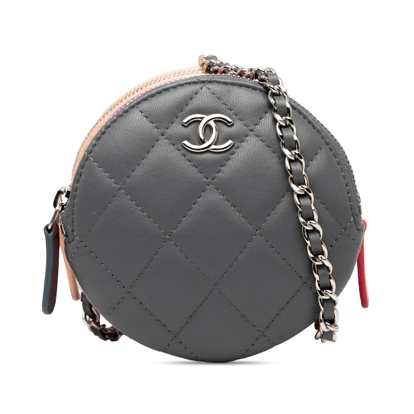 Gray Chanel CC Quilted Lambskin Triple Zip Round Clutch With Chain Crossbody Bag