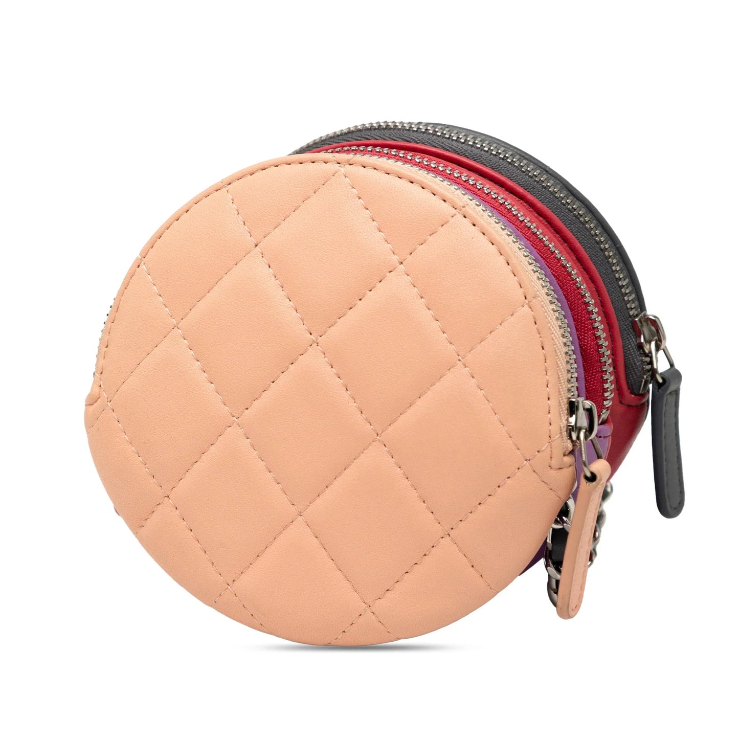 Gray Chanel CC Quilted Lambskin Triple Zip Round Clutch With Chain Crossbody Bag