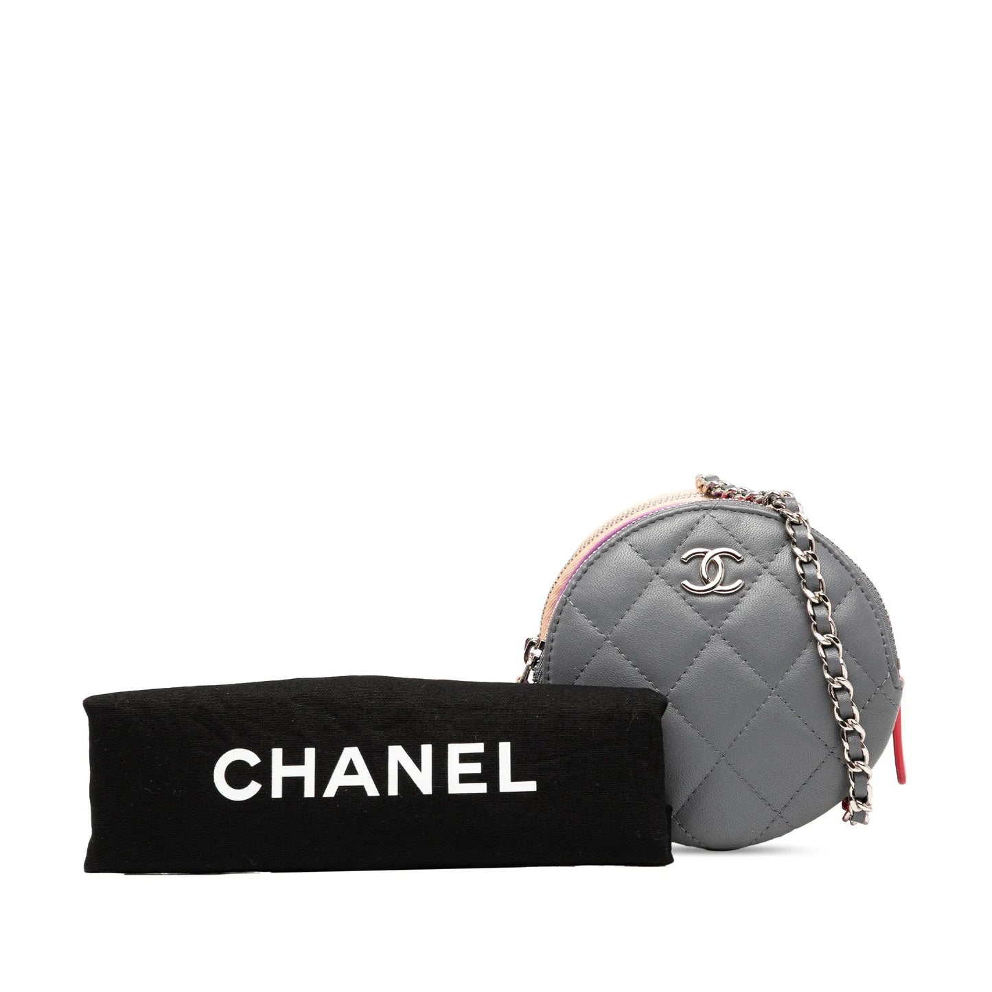 Gray Chanel CC Quilted Lambskin Triple Zip Round Clutch With Chain Crossbody Bag