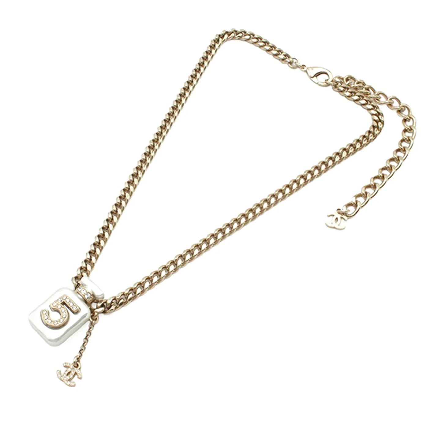 Gold Chanel Gold Plated CC Resin and Rhinestones No. 5 Perfume Bottle Pendant Necklace
