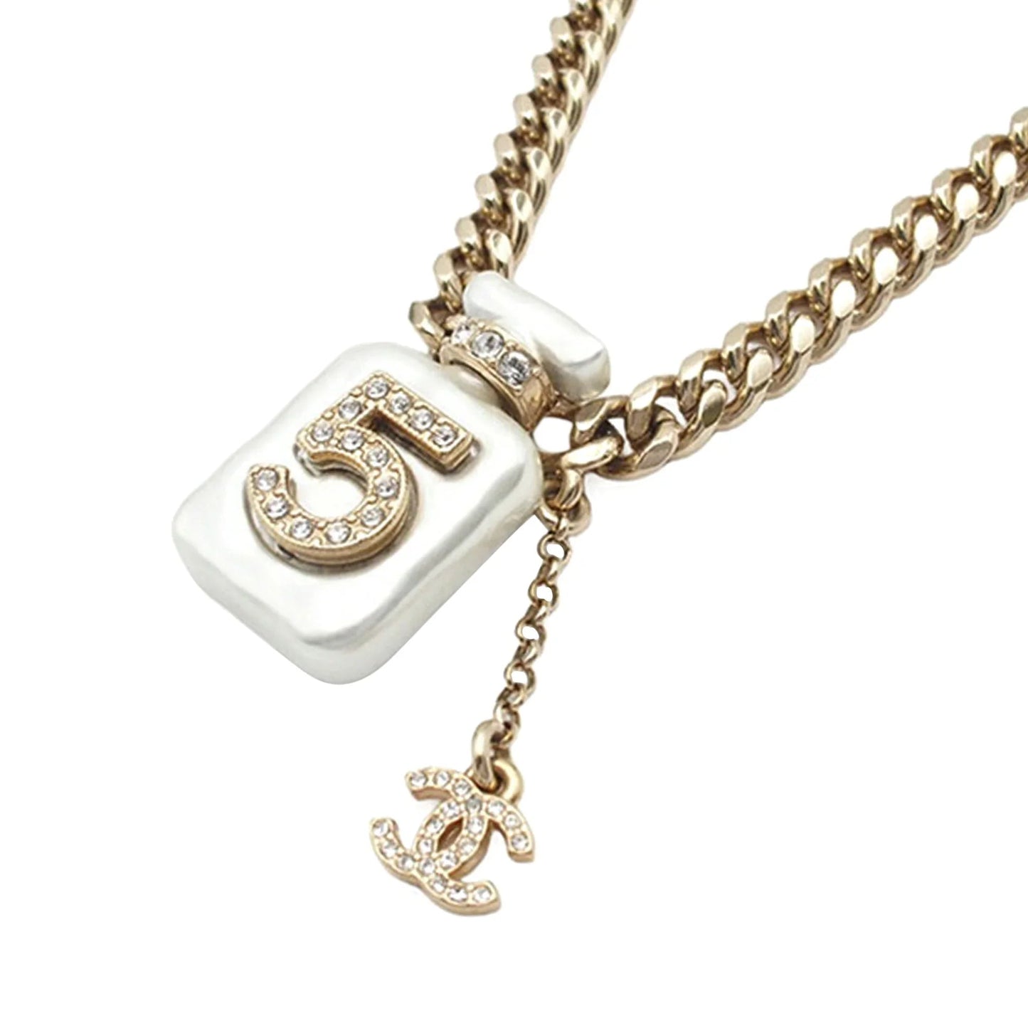 Gold Chanel Gold Plated CC Resin and Rhinestones No. 5 Perfume Bottle Pendant Necklace
